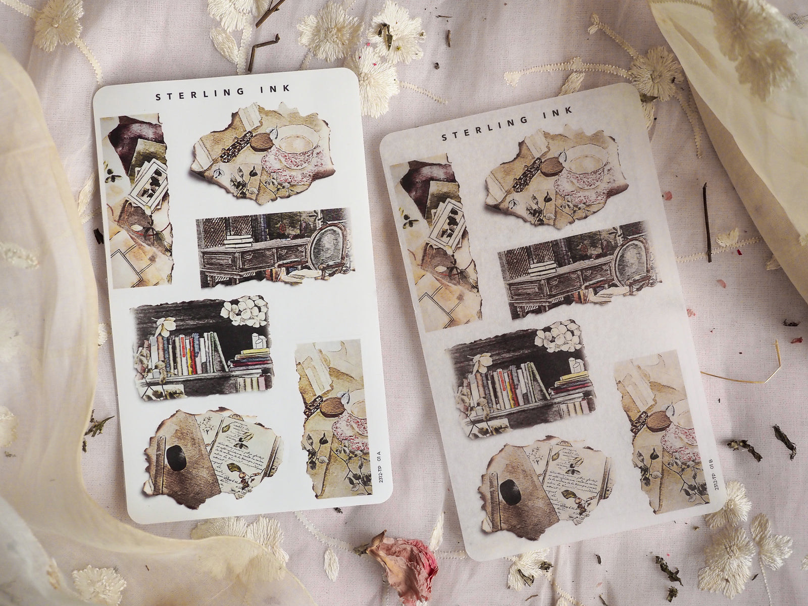 Vintage sticker sheets featuring torn, sepia-toned paper clippings depicting distressed bookshelves, antique items, and evocative literary text for journaling or crafting.