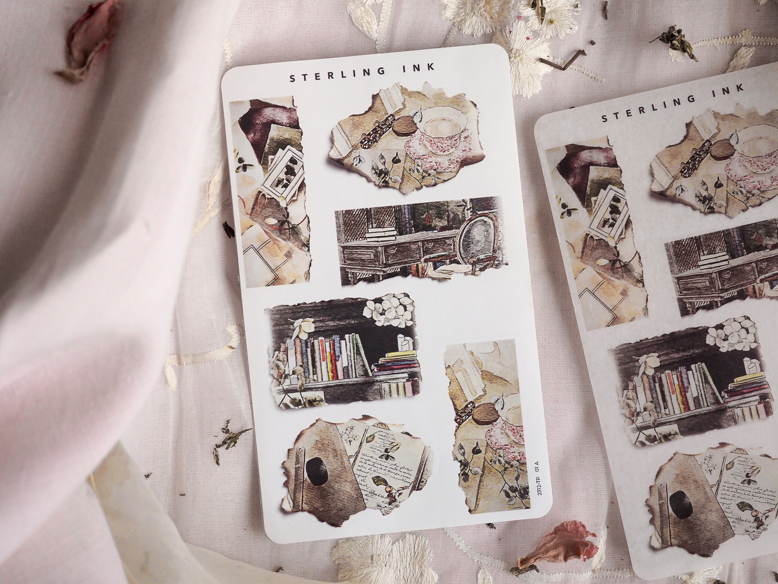 Vintage scrapbook stickers featuring distressed torn paper, small antique indoor scenes, and stacks of worn books from the December 2023 collection.