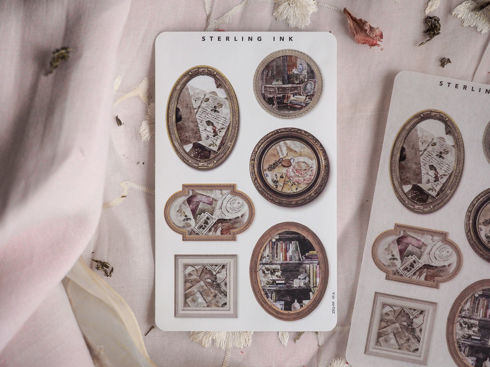 Set of vintage picture frame stickers featuring sepia-toned, distressed collage designs that mimic aged photographs, perfect for scrapbooking and journaling.