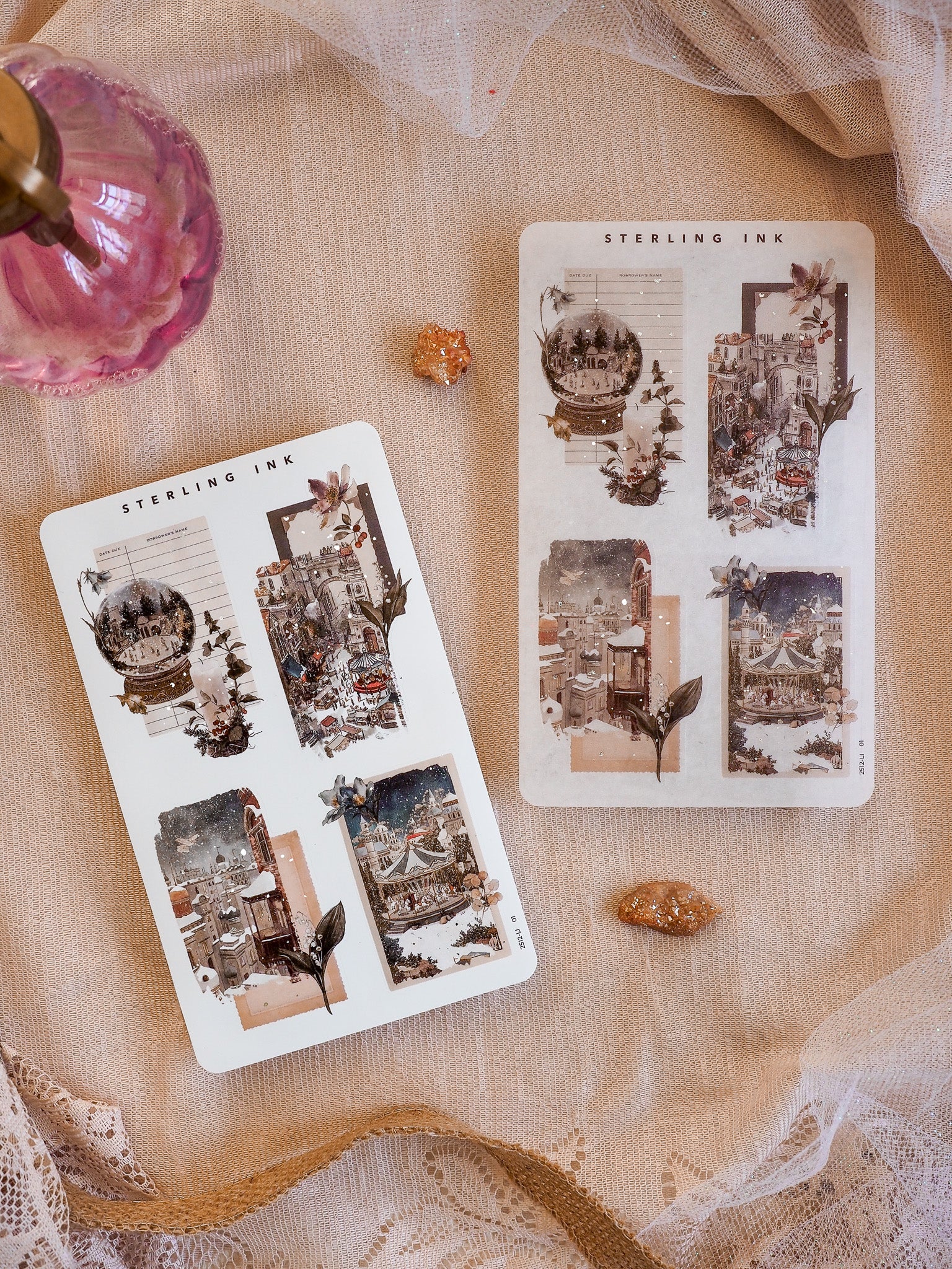 Vintage collage stickers featuring detailed sepia-toned illustrations of historic European architecture, seasonal holiday scenes, and decorative elements.