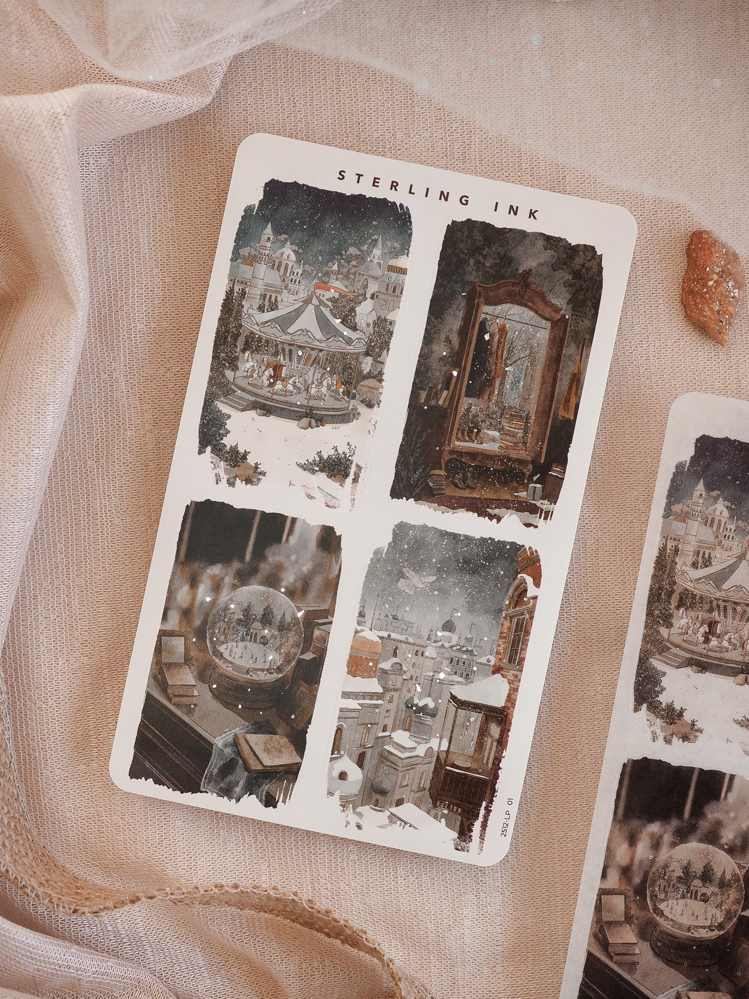 Vintage holiday sticker set featuring four monochrome illustrations of snowy European city squares and winter scenes, designed for festive journaling and December planning.