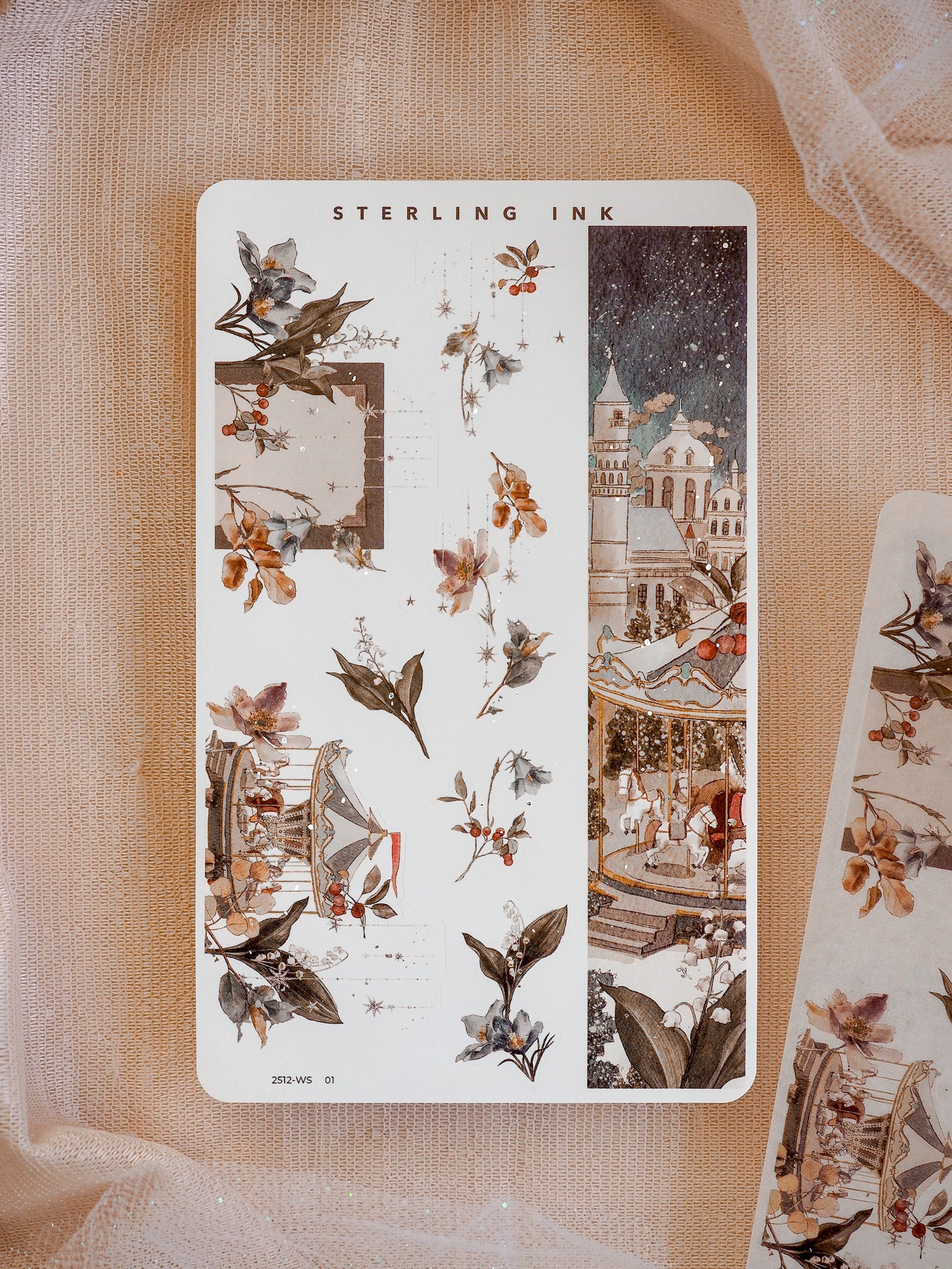 A festive winter Washi sticker strip featuring detailed silver foil accents, seasonal botanical leaves, berries, and a cozy, snowy European Christmas market scene.