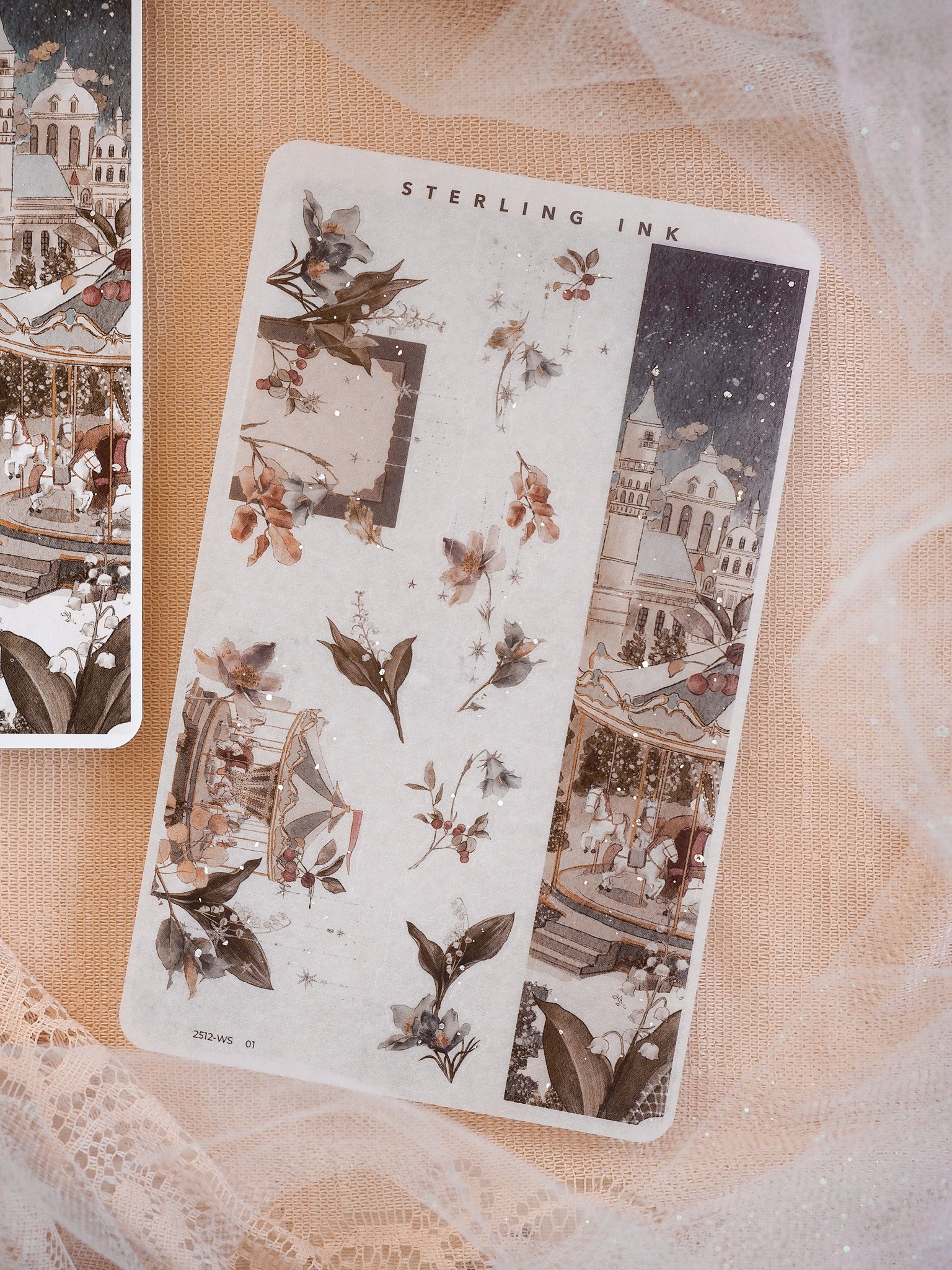 A set of gothic washi stickers featuring detailed, sepia-toned engravings of European cityscapes and elegant autumnal botanical and foliage borders.