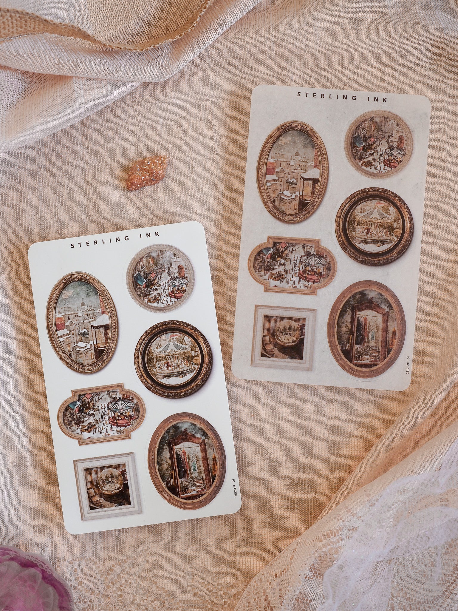 Vintage "Picture Frame Stickers" sheet featuring detailed, ornate, brown-rimmed frames showcasing antique architectural scenes and historic illustrations.
