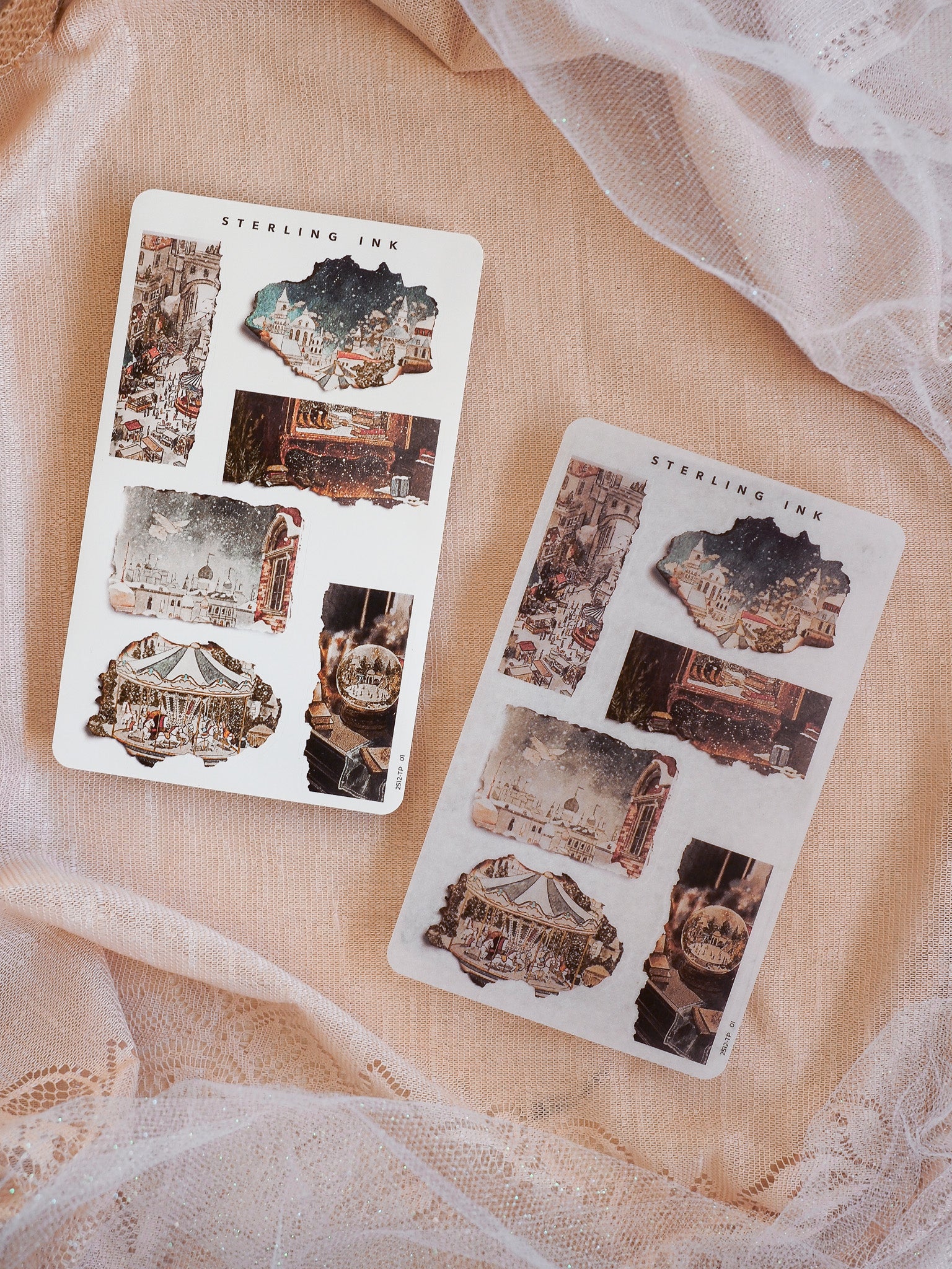 Vintage, torn paper sticker sheets featuring a collage of sepia-toned and distressed architectural photos, perfect for creative journaling and December planning.