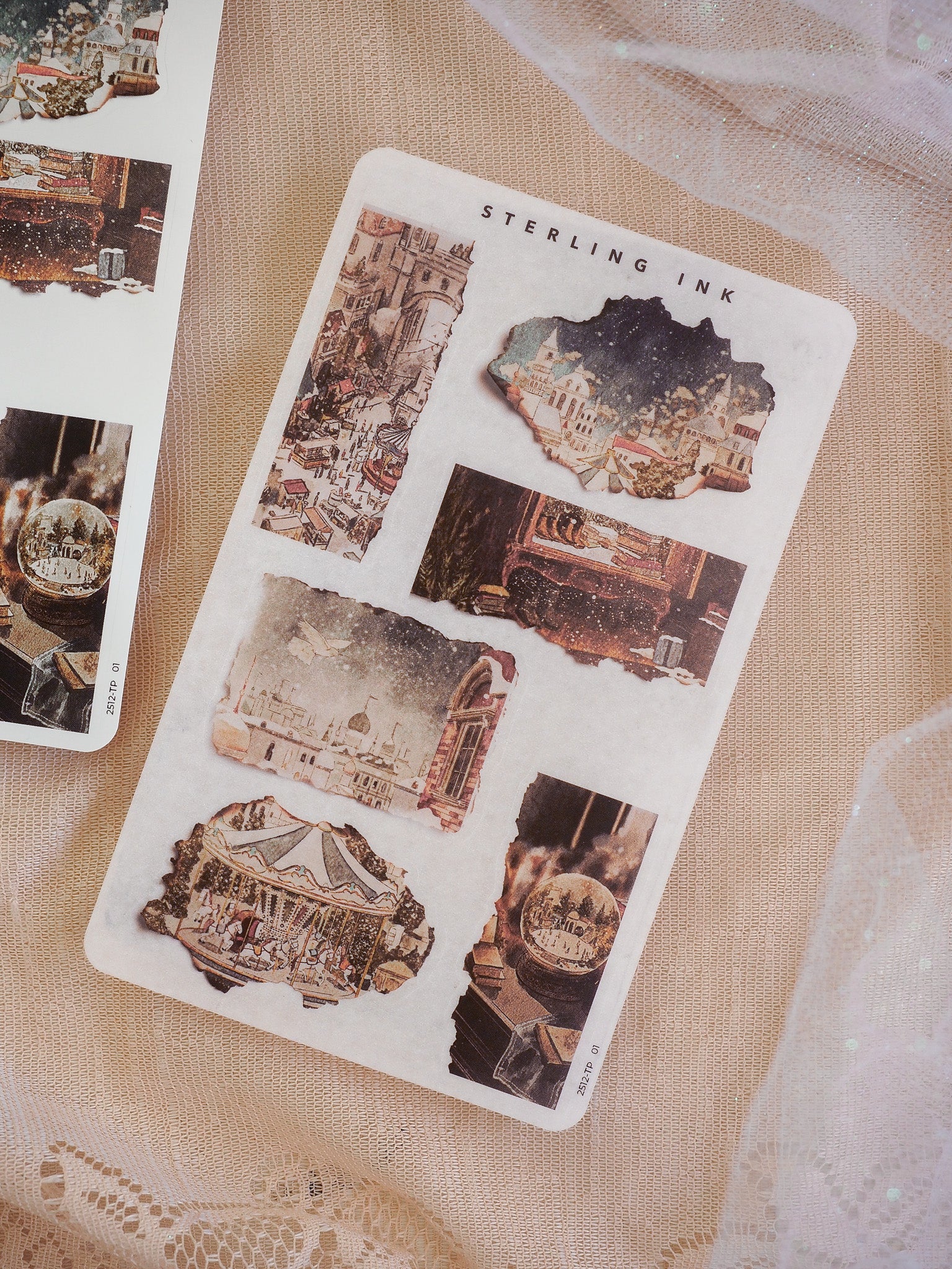 Sheet of distressed, vintage stickers featuring sepia-toned photographs of festive city streets and historic European buildings, themed for December 2025.