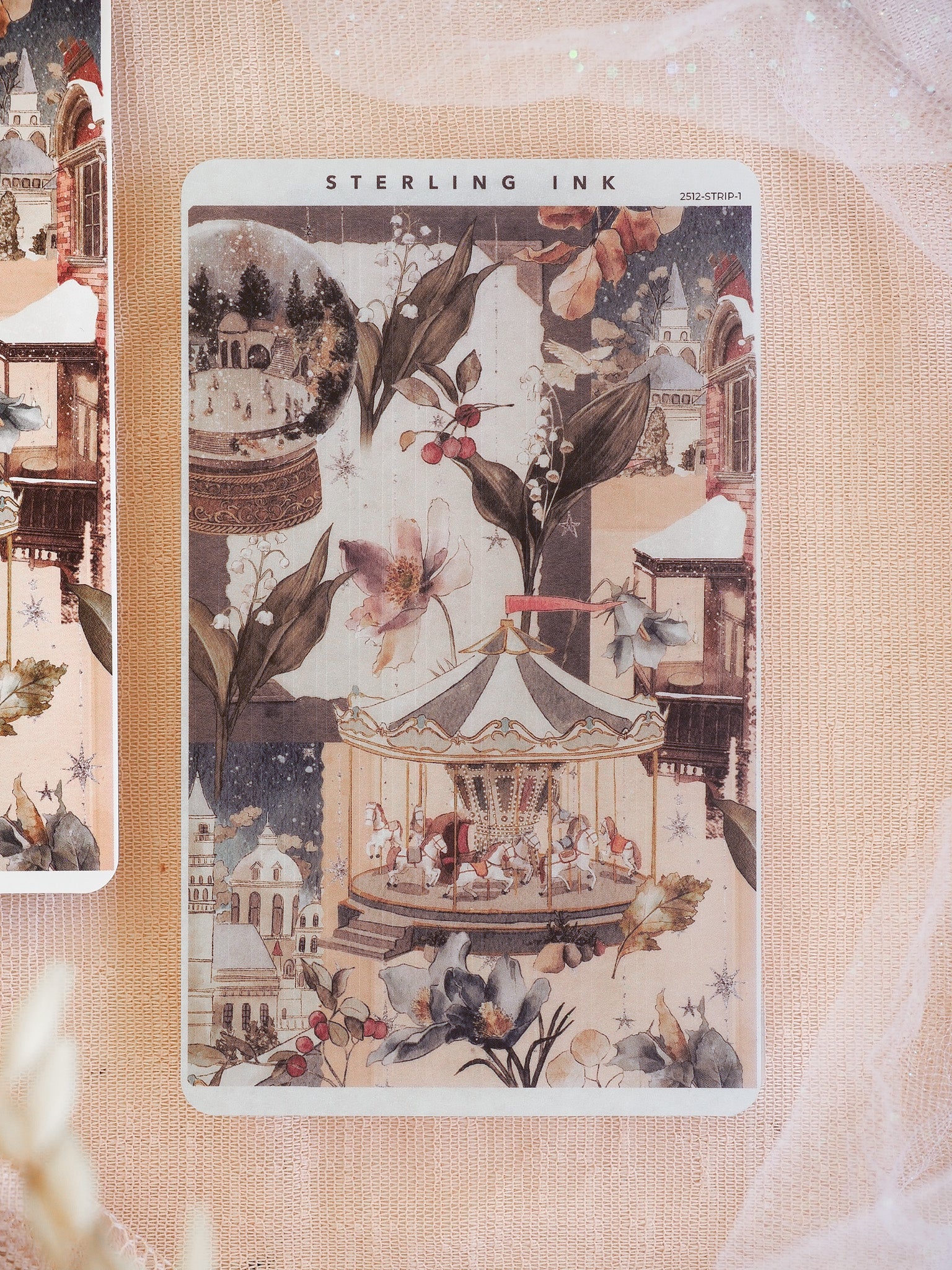 Vintage illustration strip featuring a festive carousel, deep botanical elements, and winter accents suitable for December decorating.