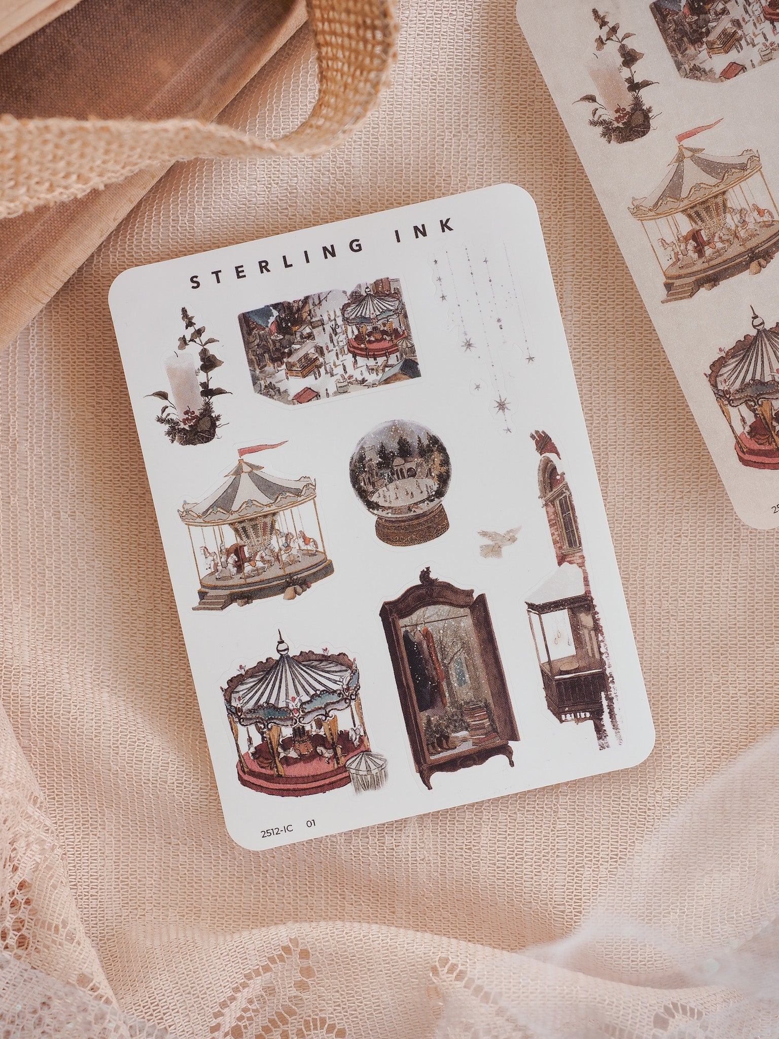 Mini seasonal elements sticker set featuring vintage illustrations of Christmas carousels, festive village scenes, hot air balloons, and rustic holiday motifs.