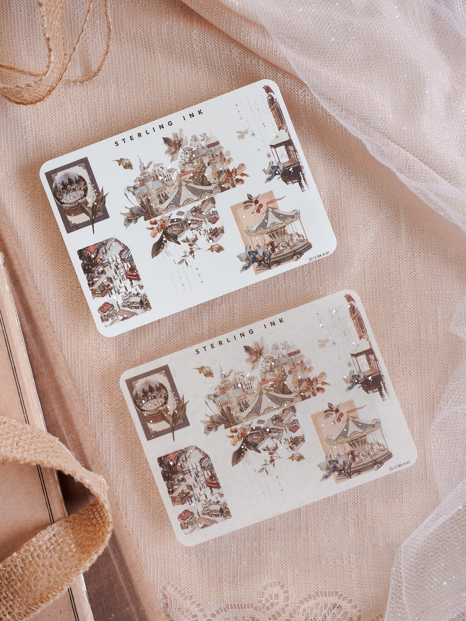 Ornate sticker set with richly illustrated, vintage December scenes and festive designs accented with elegant silver foil.