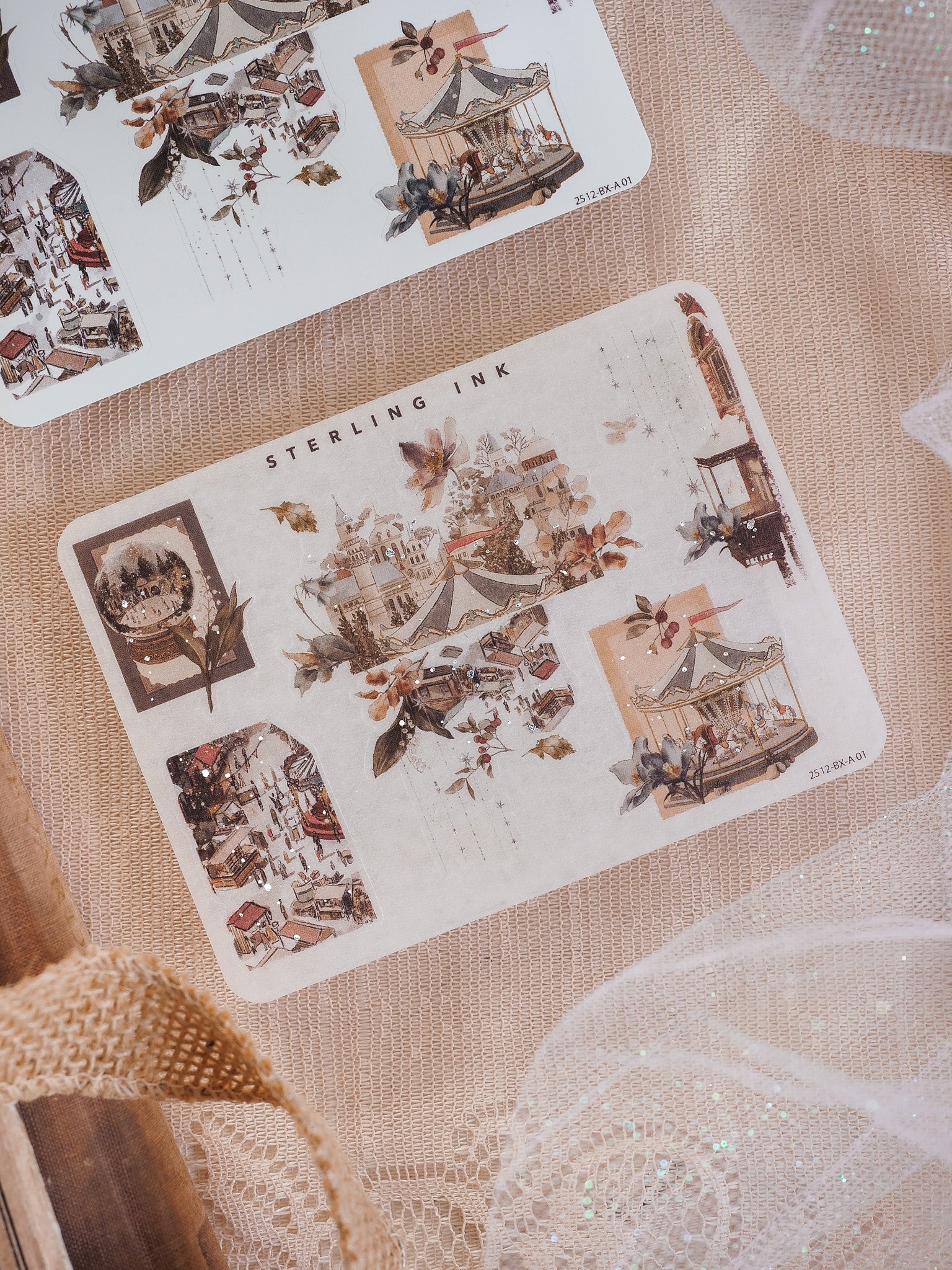 Decorative sheet set of vintage-themed corner and border stickers featuring sepia-toned illustrations of historic cityscapes, pavilions, and architectural details.