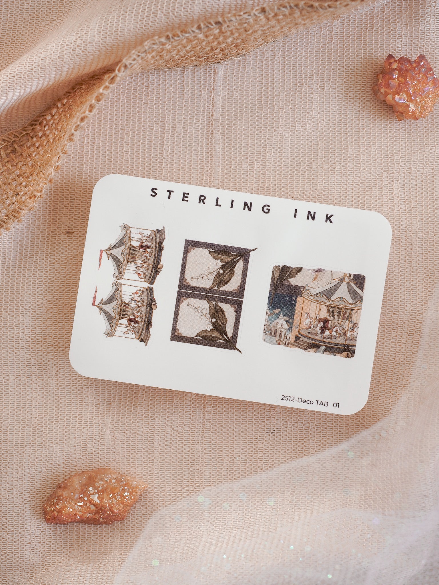 Vintage-themed Deco Tabs from Sterling Ink, featuring whimsical illustrations of carousel tents and detailed botanical leaves for journaling and planner decoration.