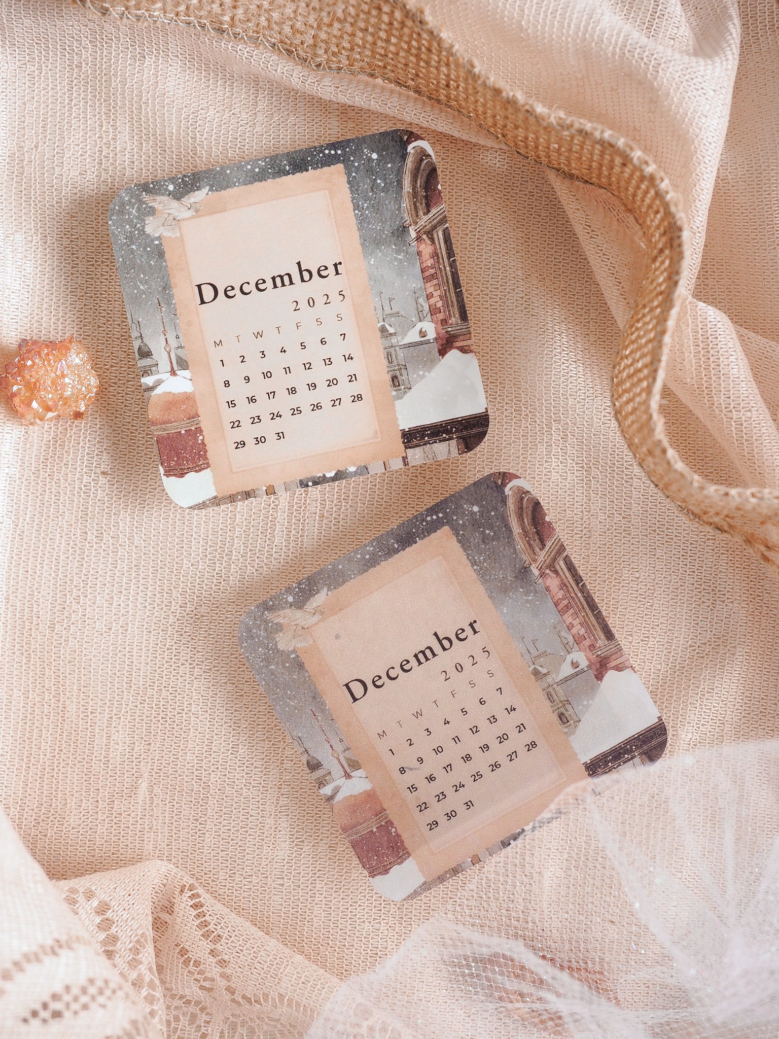 Vintage December 2025 calendar grid sticker featuring a rustic, sepia-toned design with decorative arched architectural details.