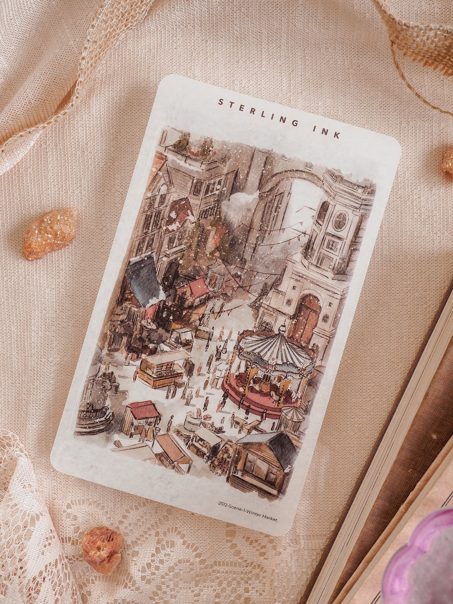 Vintage sticker illustration of a bustling, detailed European winter market scene, featuring vendors, cobblestone streets, and festive holiday activity.