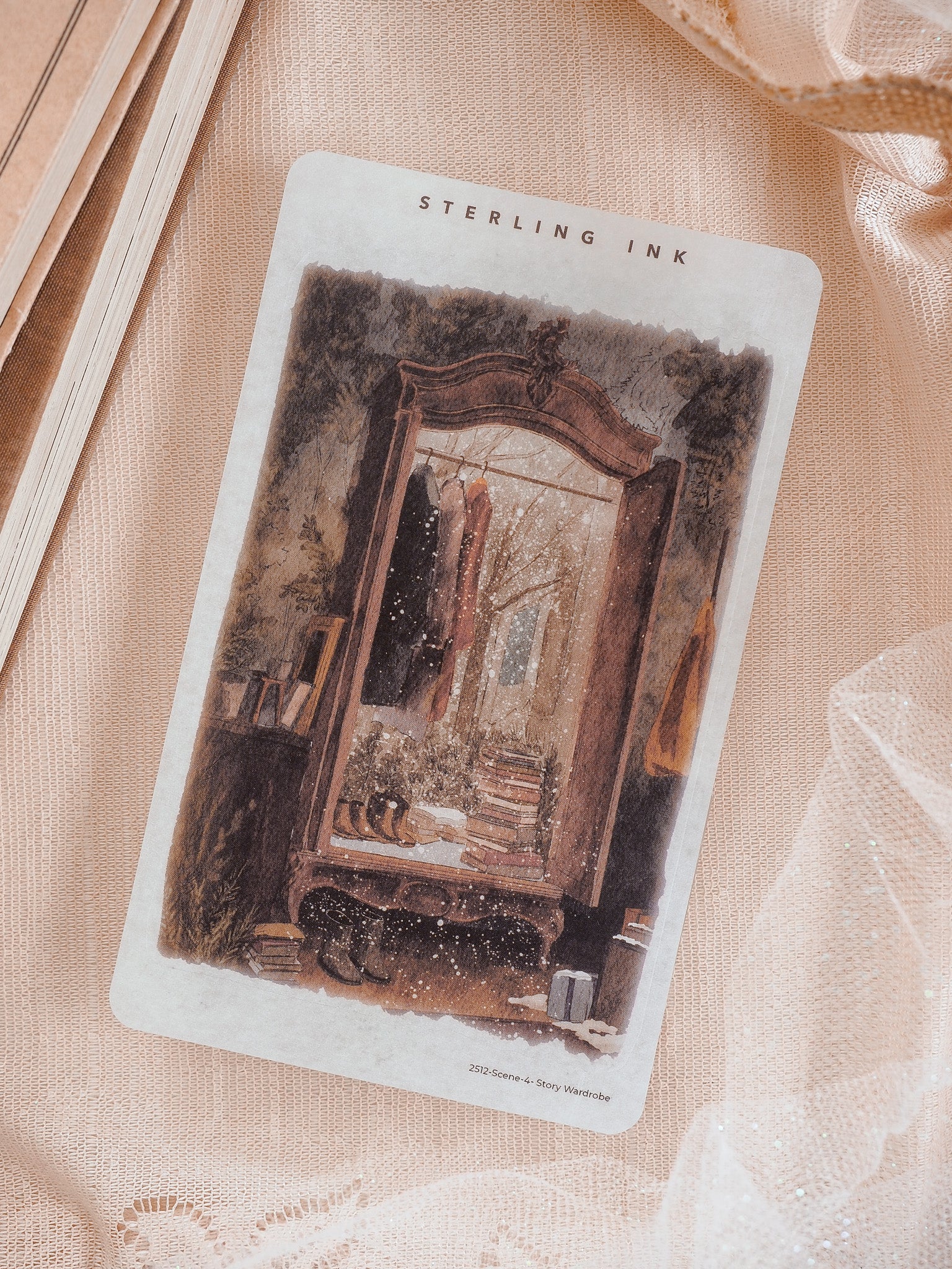 Sepia-toned sticker featuring an evocative, detailed illustration of a vintage wardrobe scene, perfect for Story Wardrobe journaling.