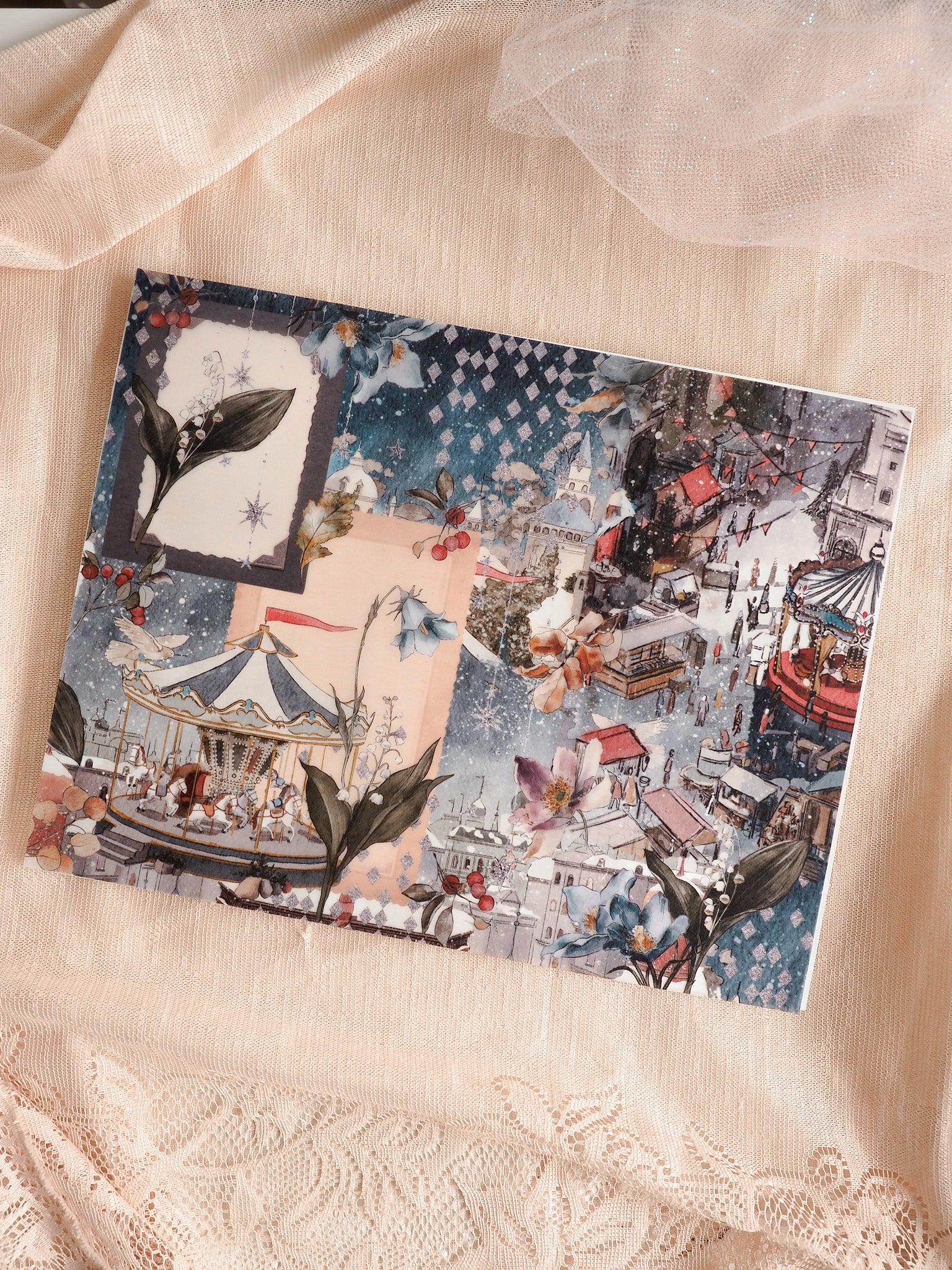 Detailed December 2025 planner printable featuring a whimsical winter market scene with a vibrant carousel, snowy stalls, and delicate holiday motifs set against deep blue accents.