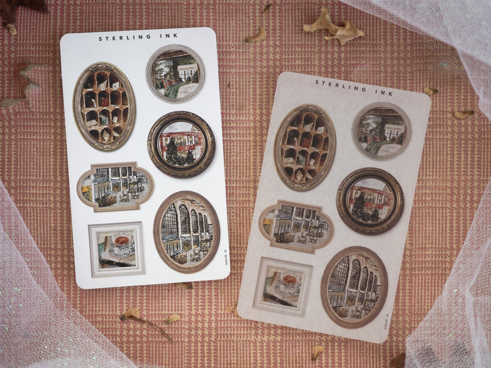 Antique sticker sheets featuring a diverse assortment of sepia-toned picture frames and detailed vintage European architectural vignettes for creative planning.