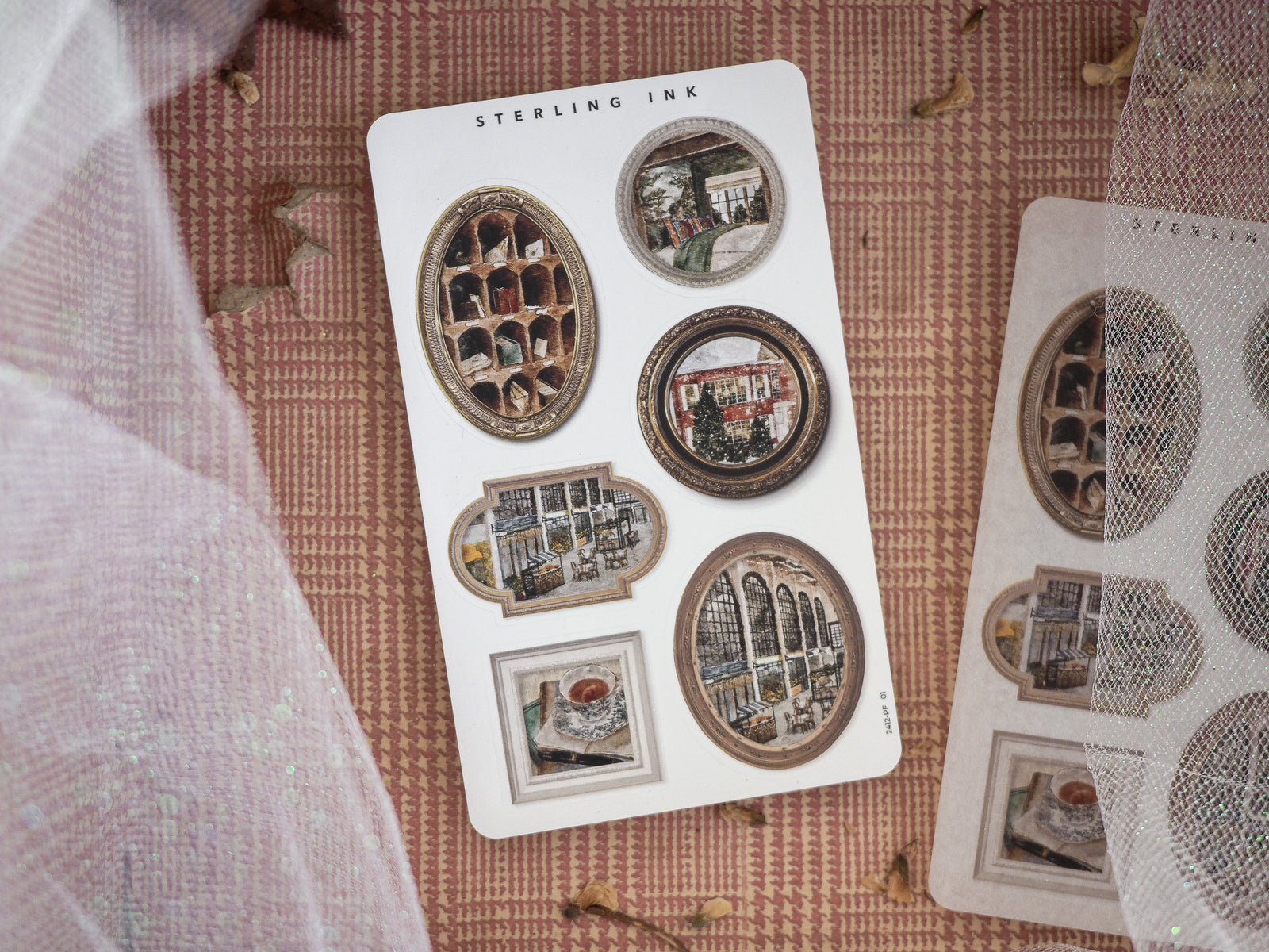 A seasonal set of decorative picture frame stickers featuring vintage architectural elements and ornate designs perfect for holiday crafting and scrapbooking.