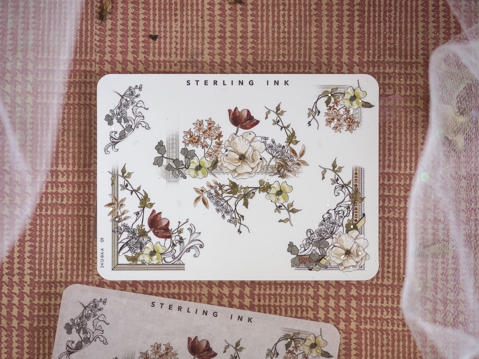 Delicate botanical sticker set featuring cream-colored roses, rich autumn florals, and assorted seasonal greenery accents for crafting embellishments.
