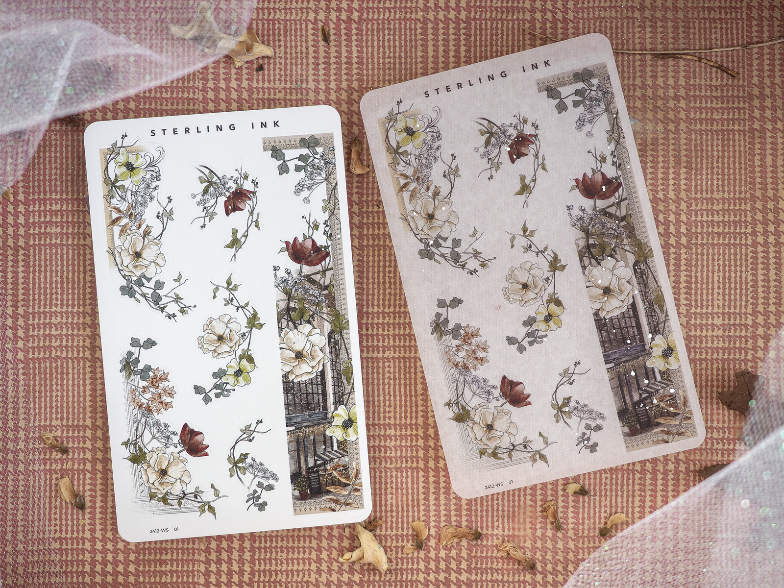 Delicate sticker sheet featuring vintage botanical sketches of roses and lush foliage, accented by dark architectural designs.