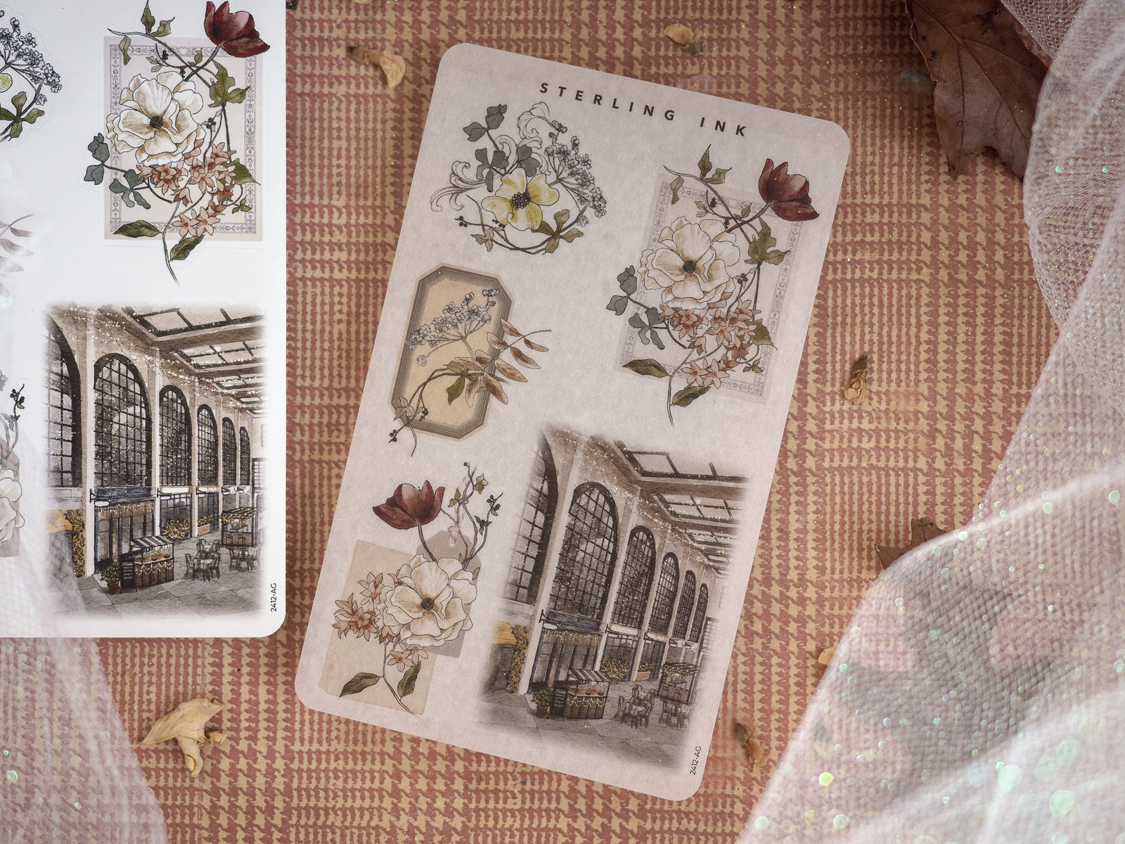 Elegant sticker collection featuring vintage botanical watercolors, deep autumn roses, and detailed classical architectural sketches for journaling.