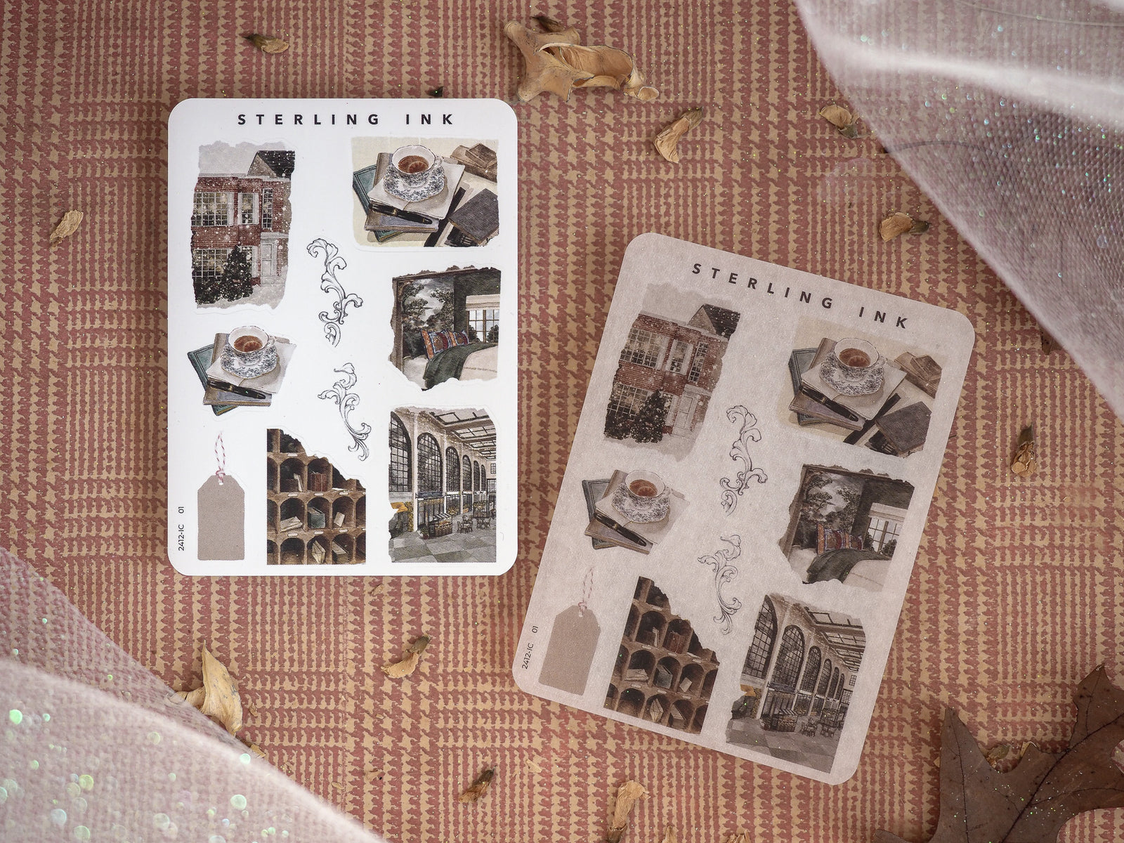 Sheet of mini architectural icon stickers featuring black line-art drawings of windows, building facades, and decorative elements from Sterling Ink.
