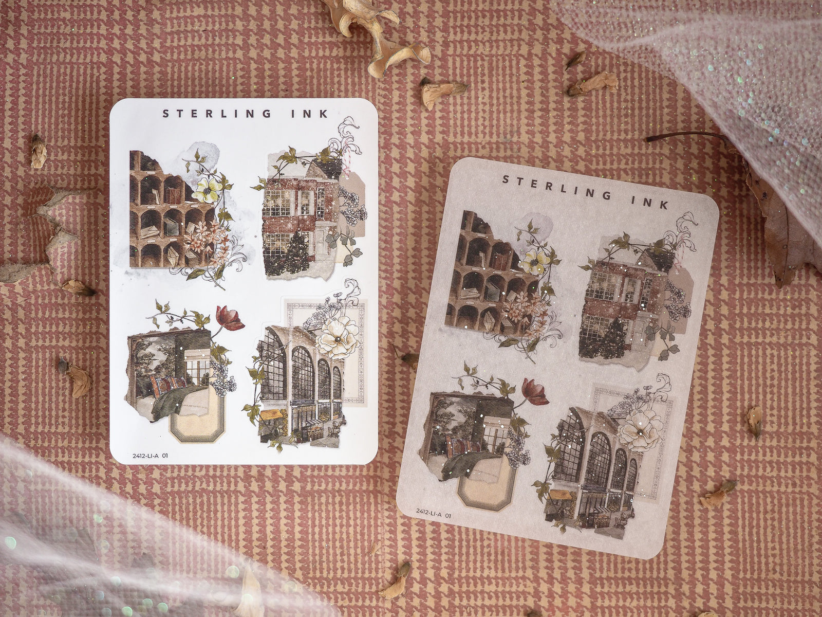 Vintage sticker sheet featuring large, decorative icons of detailed architectural sketches, showcasing old European buildings and arches in sepia and monochrome tones.