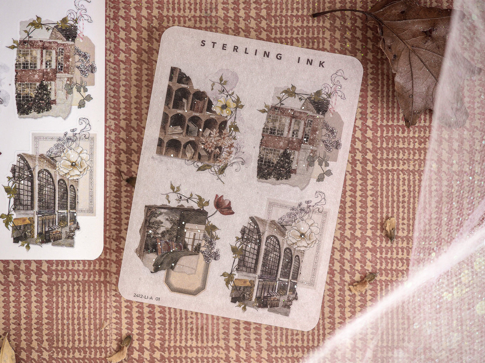 Detailed sticker sheet featuring vintage illustrations of classic brownstone architecture, arched windows, and elegant floral accents, perfect for seasonal journaling.