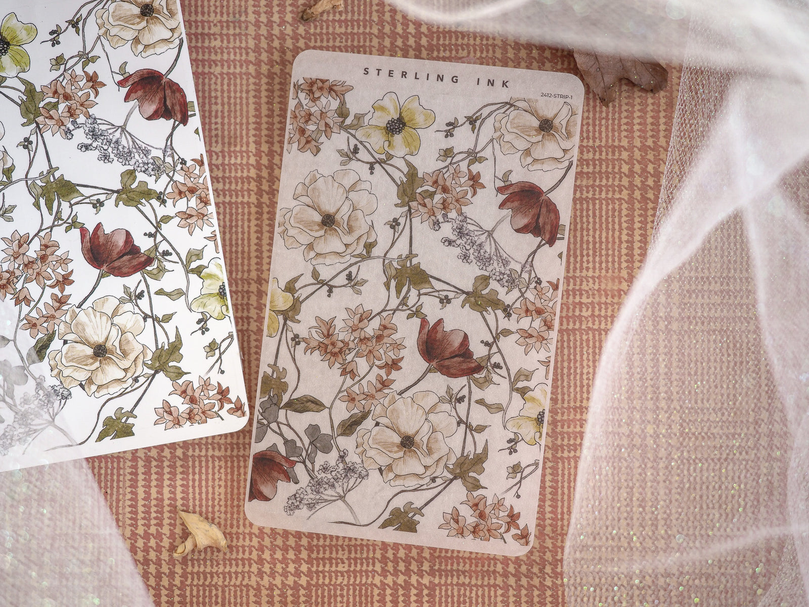 Vintage botanical sticker sheet featuring cream peonies and deep autumnal red flowers intertwined with lush green foliage.