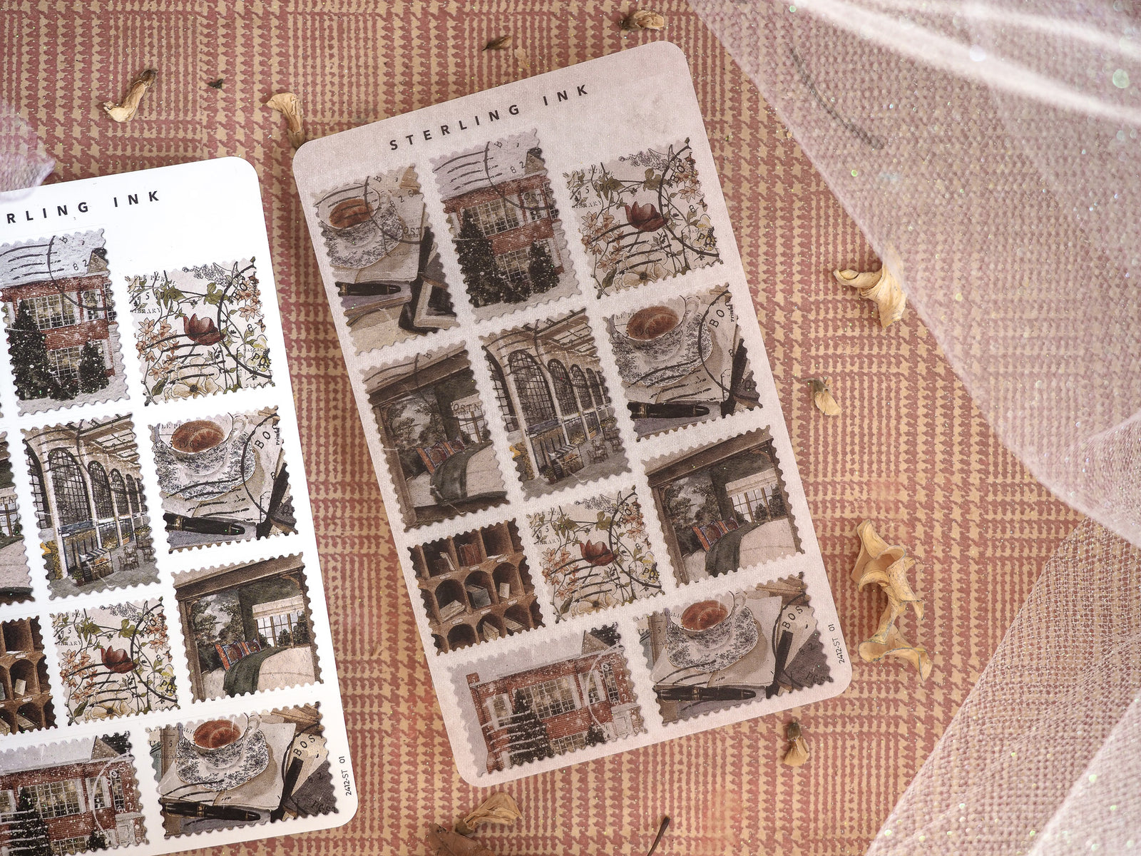 Vintage "Sterling Ink" sticker sheets for December 2024 featuring autumnal vignettes of historical European architecture and decorative fall motifs.