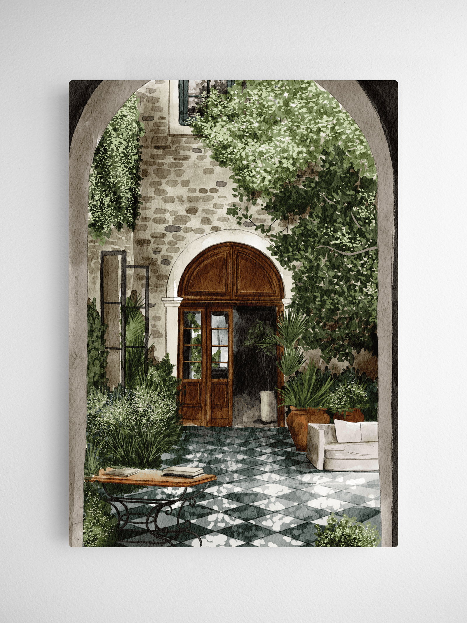 A vintage illustration of a lush, overgrown garden archway featuring stone masonry, a dark wood door, and a checkered tile courtyard.