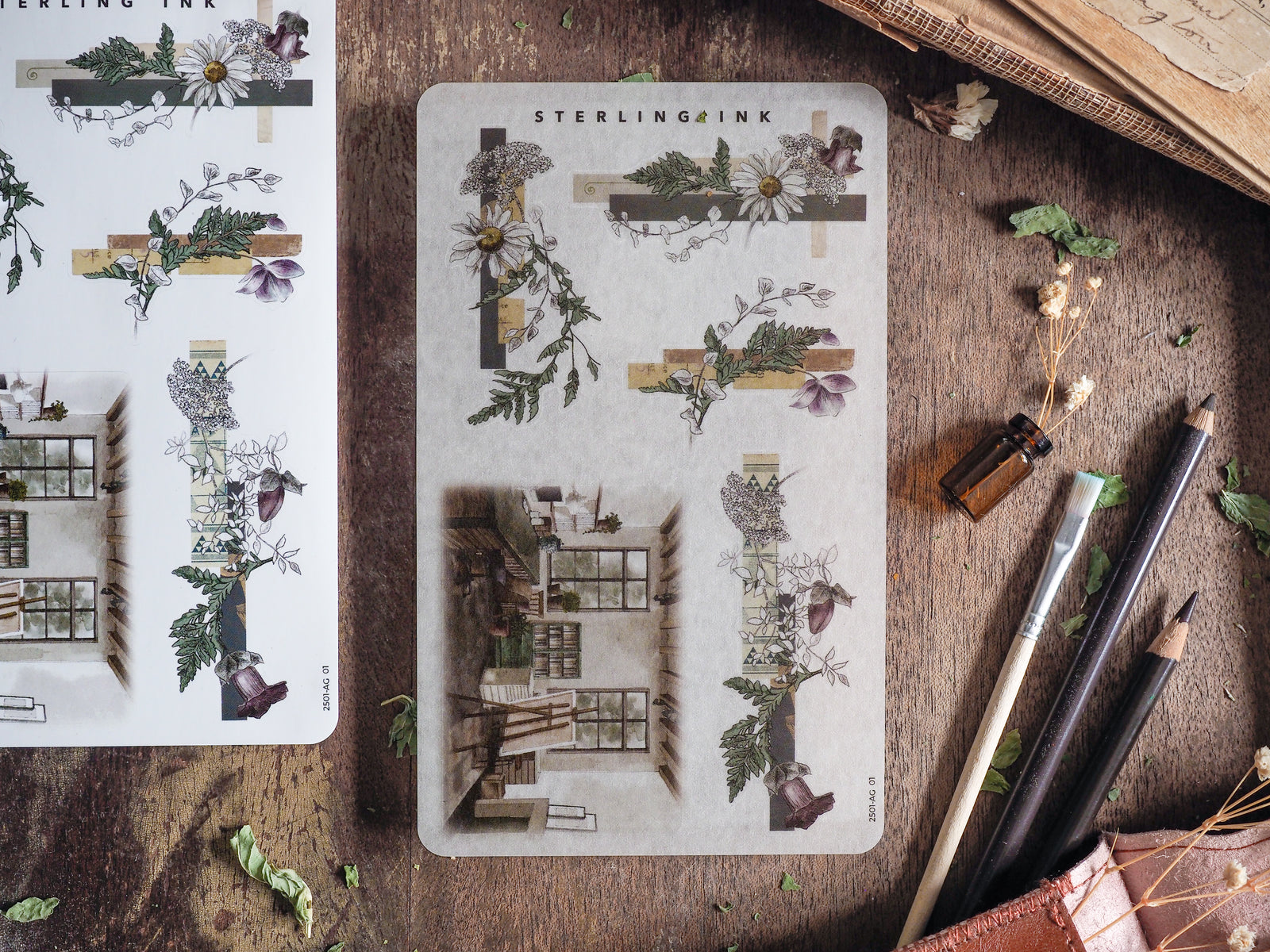 Botanical sticker sheets featuring delicate arrangements of muted flowers, lush greenery, and vintage-style botanical elements for seasonal journaling.