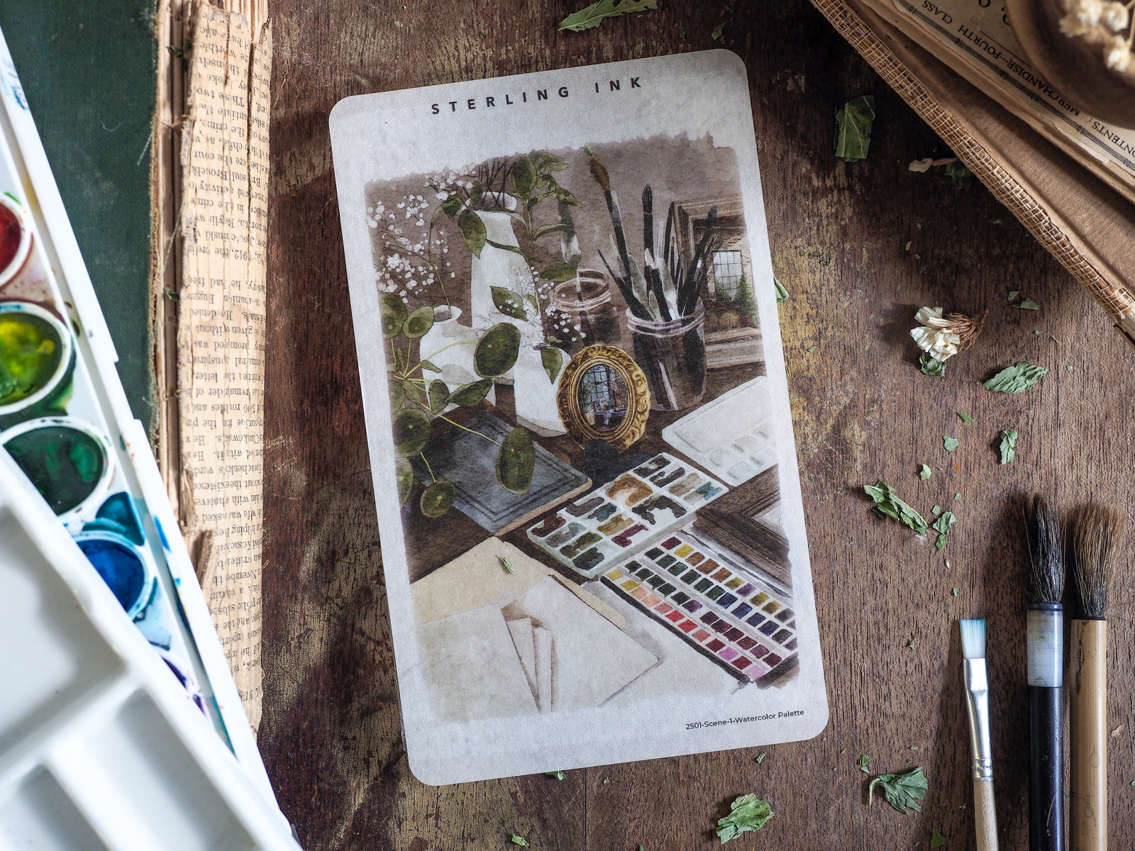 Botanical watercolor sticker sheet depicting a peaceful still life of potted greenery, jars, and an artist's detailed paint palette.