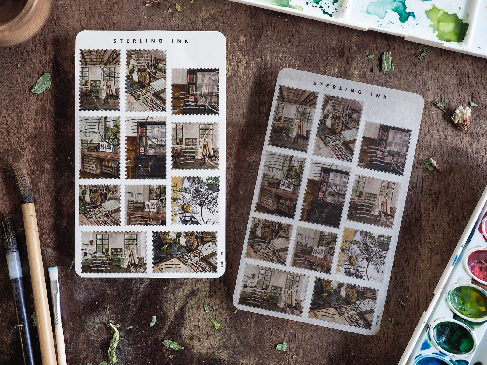 Grid collection of sepia-toned stamps featuring cozy, detailed illustrations of vintage interiors, stacked bookshelves, and antique rooms.