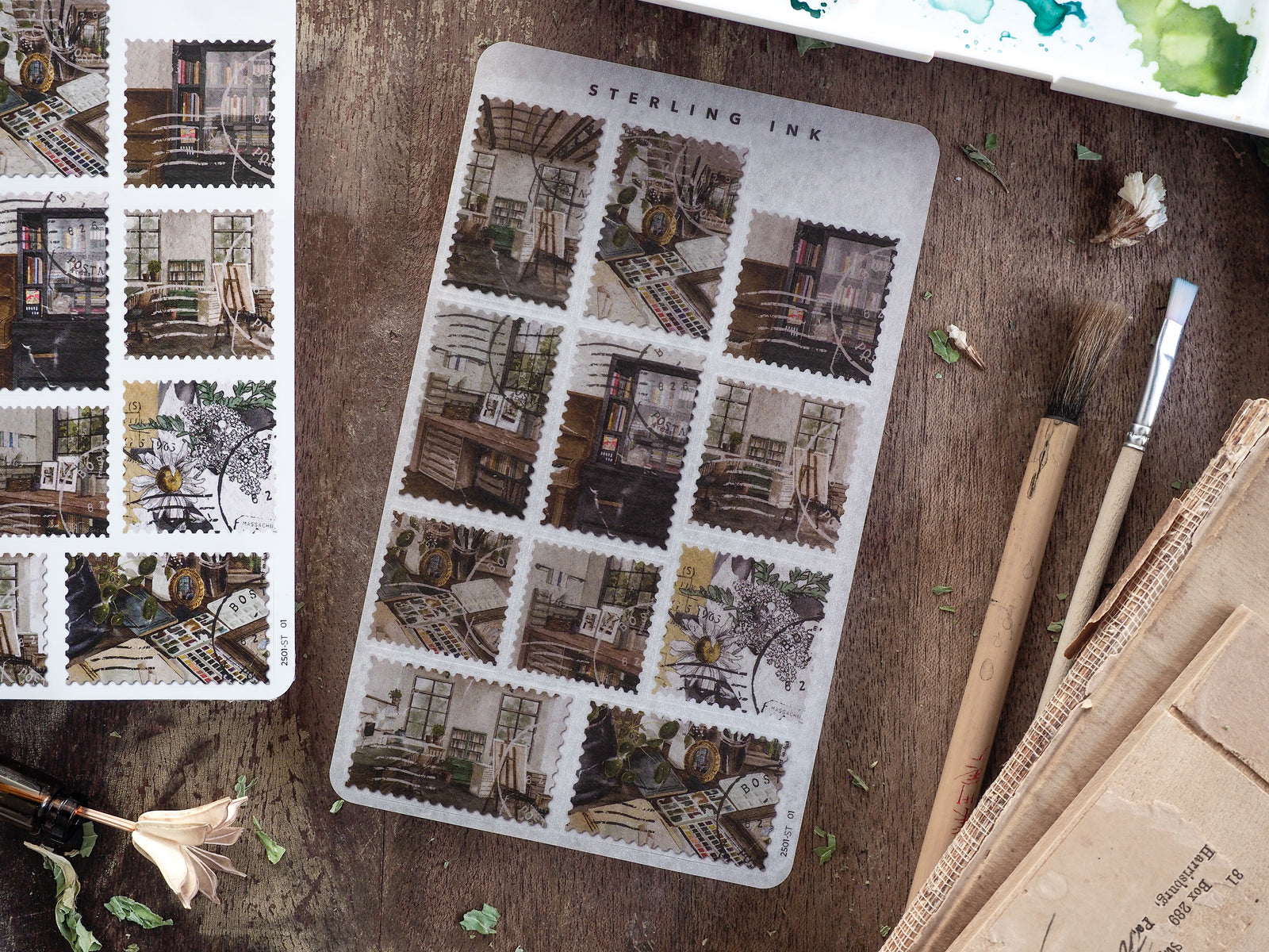 Vintage stamps sticker sheets featuring a black and white grid pattern of architectural and interior design sketches.