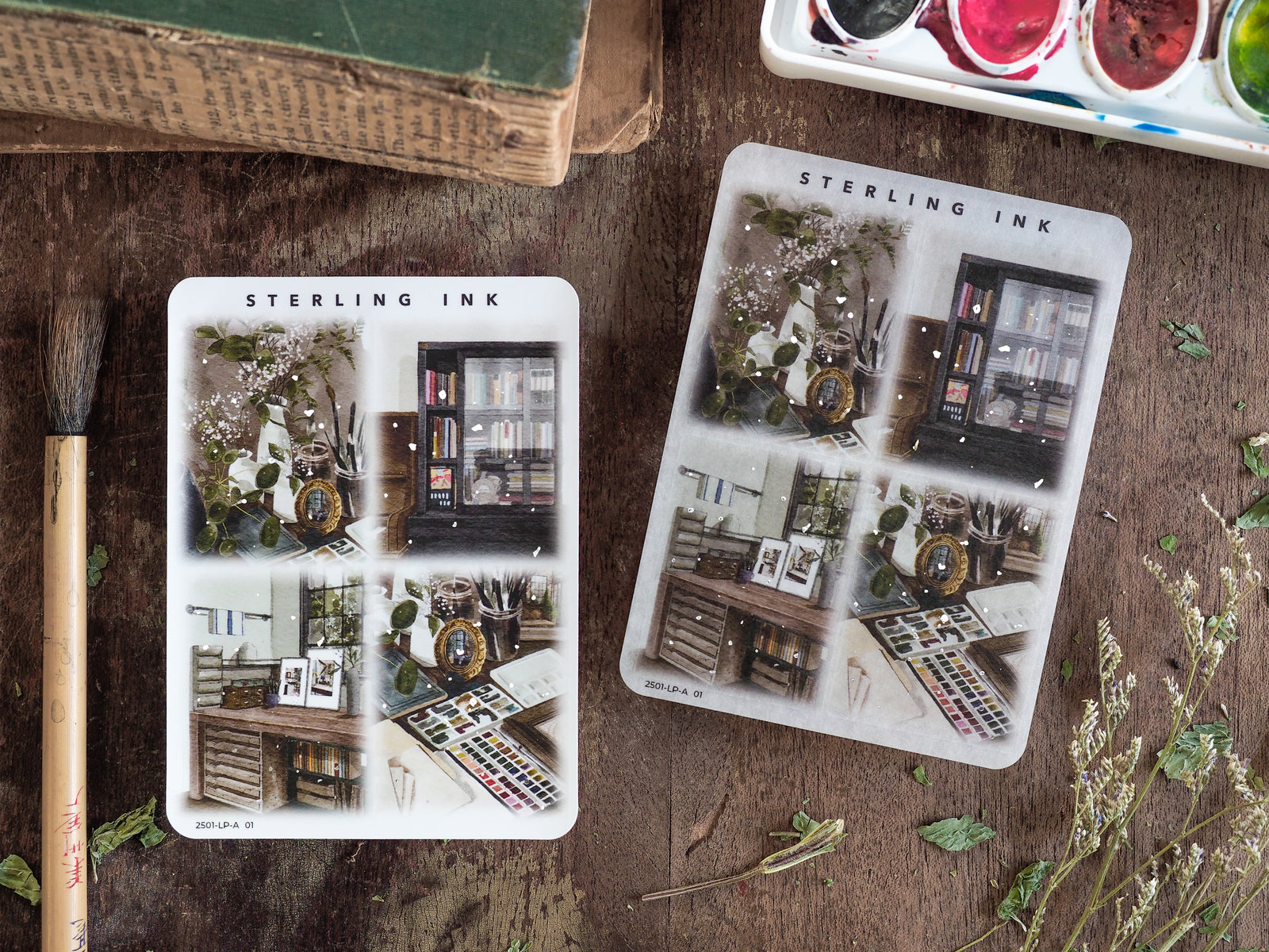 Vintage apothecary cluster sticker sheets featuring an antique interior scene with books, vials, and paint palettes, perfect for scrapbooking and journaling.