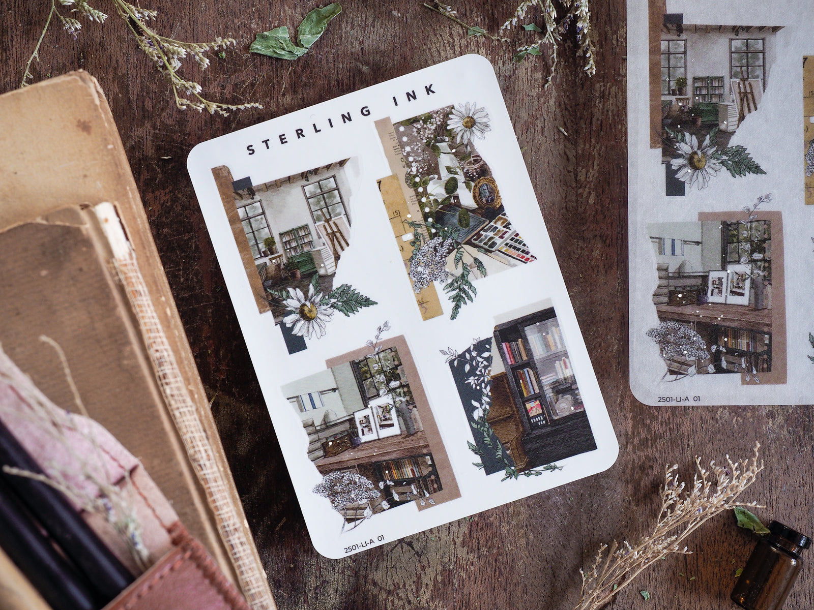 Collection of large icon stickers featuring detailed, vintage architectural illustrations combined with delicate floral and botanical motifs.