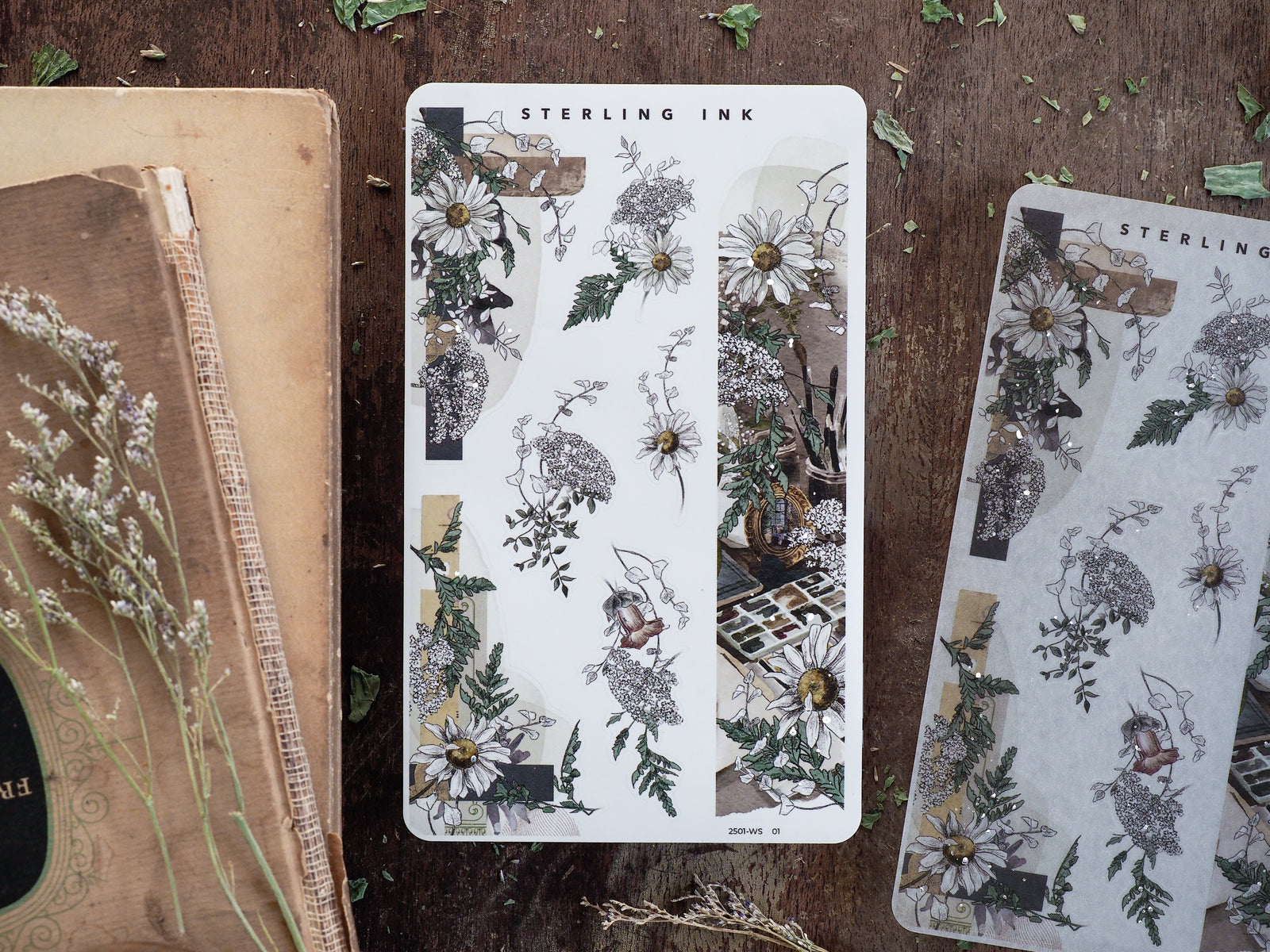 Botanical washi sticker sheets featuring intricate black and white illustrations of wild daisies, foliage, and vintage floral arrangements for journaling and scrapbooking.