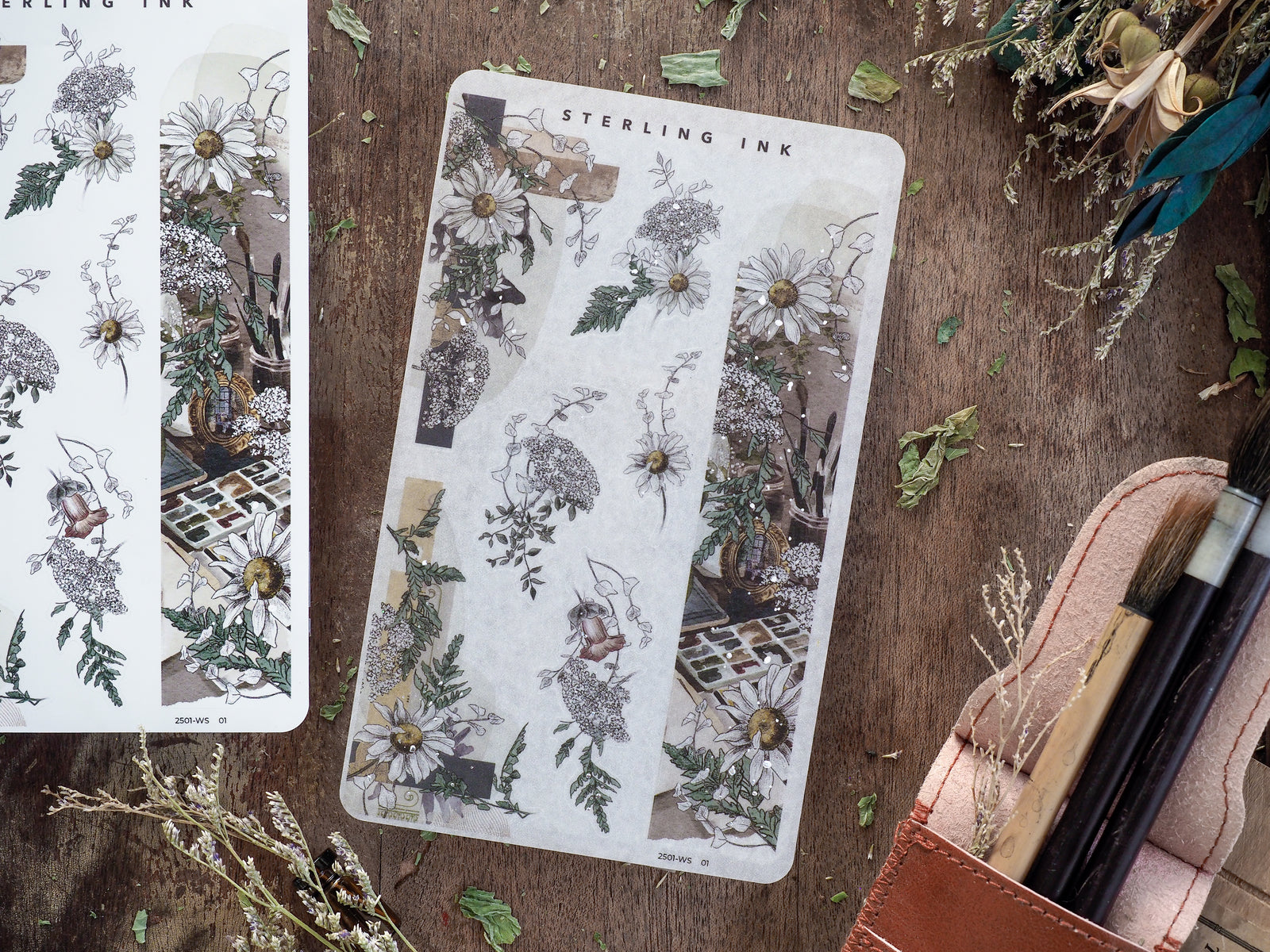 Decorative washi stickers featuring intricate vintage botanical prints of detailed flowers, leaves, and insects in black and white.