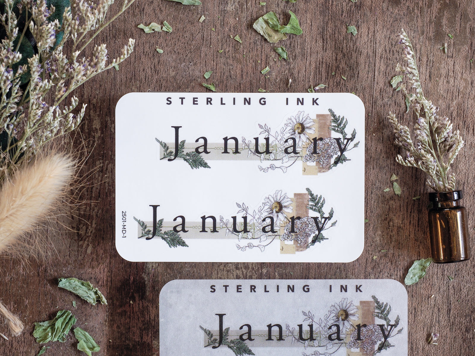 Botanical planner sticker set featuring the word January surrounded by pressed greenery, delicate foliage, and rustic vintage accents in earthy, muted tones.