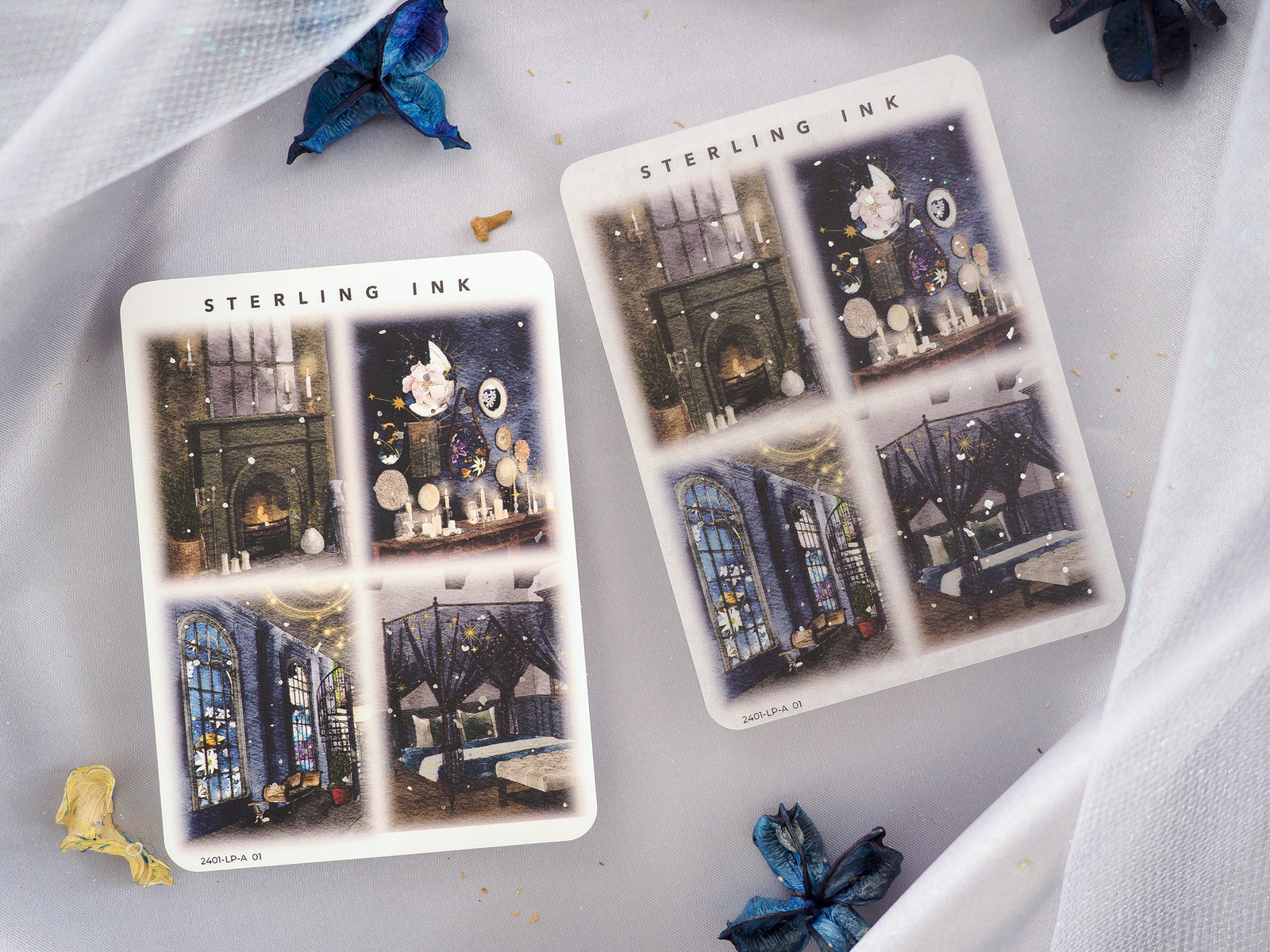 Illustration sticker sheets featuring sepia-toned vintage architecture, ornate windows, and detailed historic Parisian-style scenes.