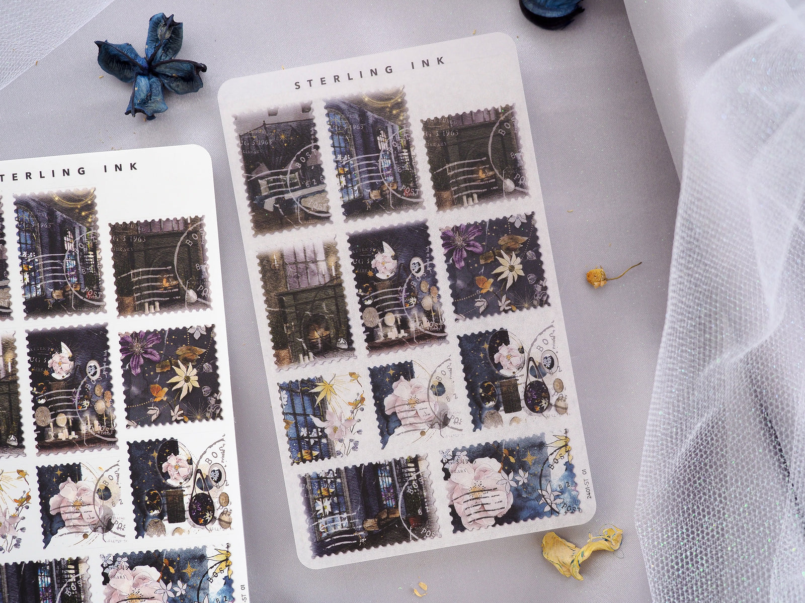 January 2024 sticker sheets featuring romantic, sepia-toned illustrations of vintage Parisian buildings combined with delicate, colorful spring wildflowers.