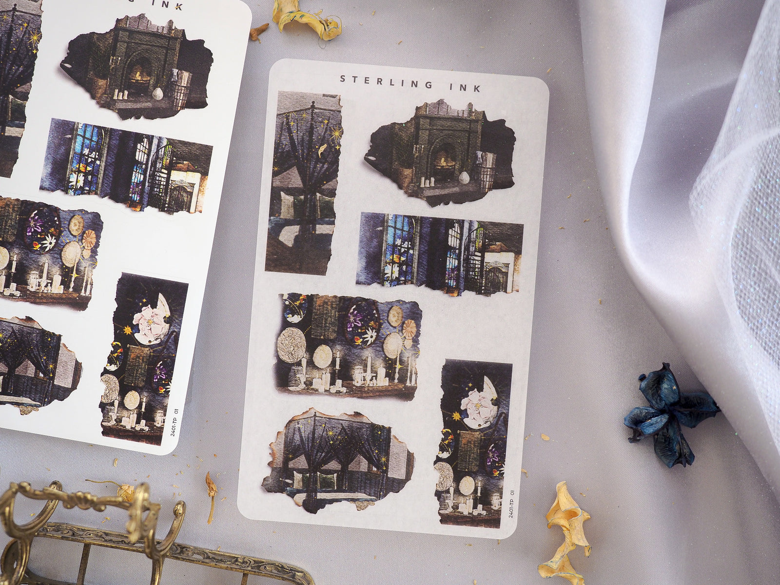 Moody sticker sheets for January 2024, featuring vintage, dark-toned illustrations of mysterious, atmospheric city windows and nocturnal street scenes.