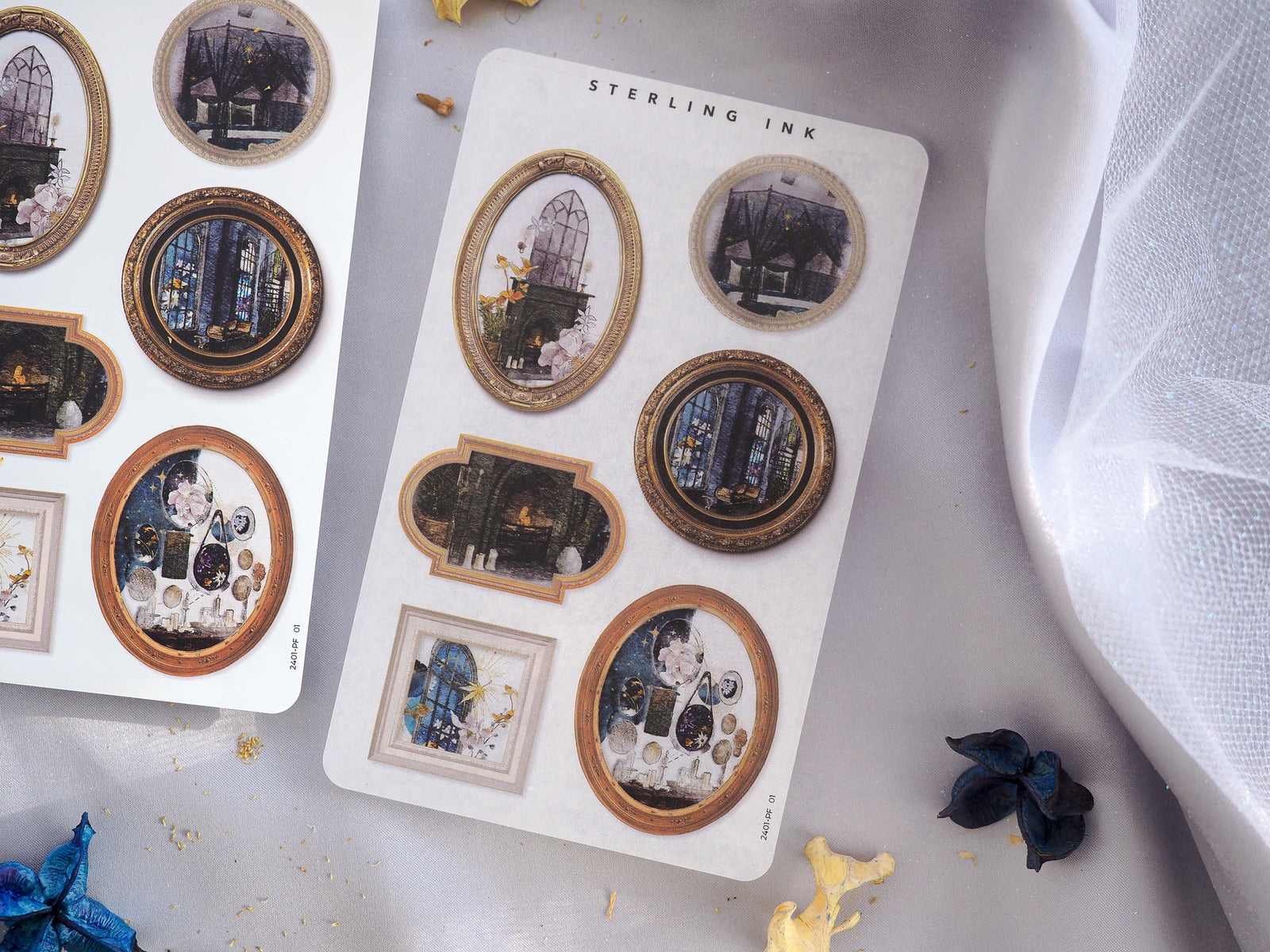 Beautiful set of ornate, vintage picture frame stickers featuring varied gold-bordered designs and antique architectural scenes for scrapbooking crafts.