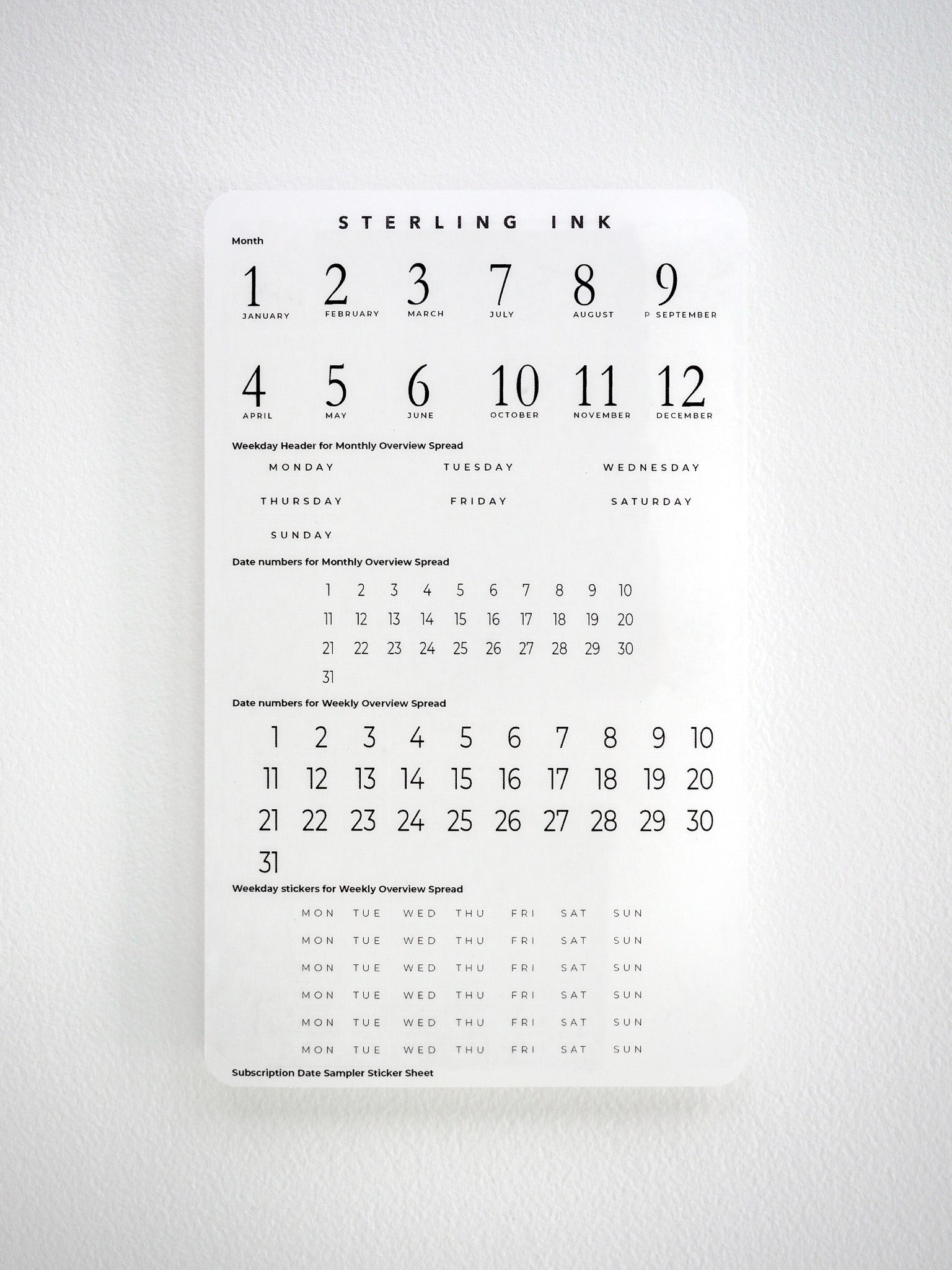 Comprehensive sampler sticker sheet featuring various organized calendar grids, including monthly headers, weekday layouts, and date number grids for detailed planning and tracking.