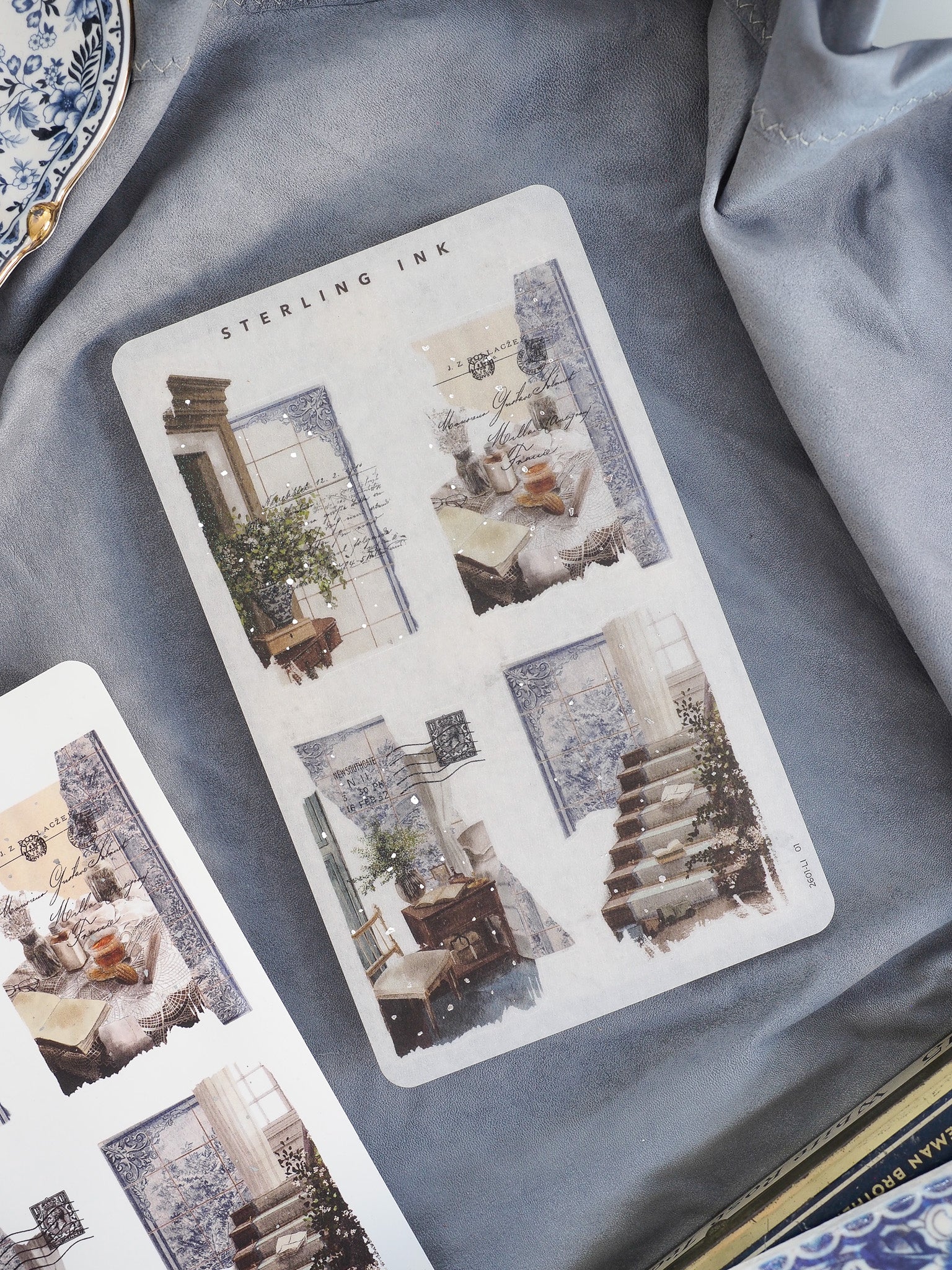 Vintage collage sticker sheets featuring sepia-toned, architectural drawings and nostalgic indoor scenes, enhanced with metallic silver foil.
