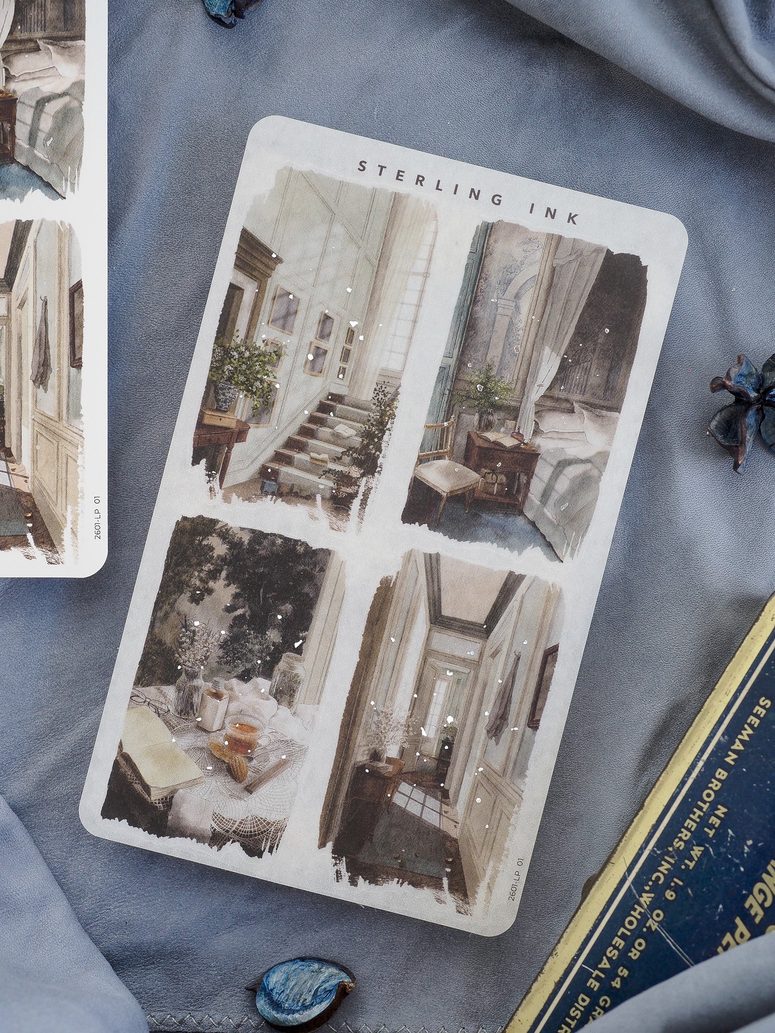 Large set of silver foil illustration stickers featuring watercolor depictions of elegant interior scenes, such as staircases and rooms, perfect for creative journaling.