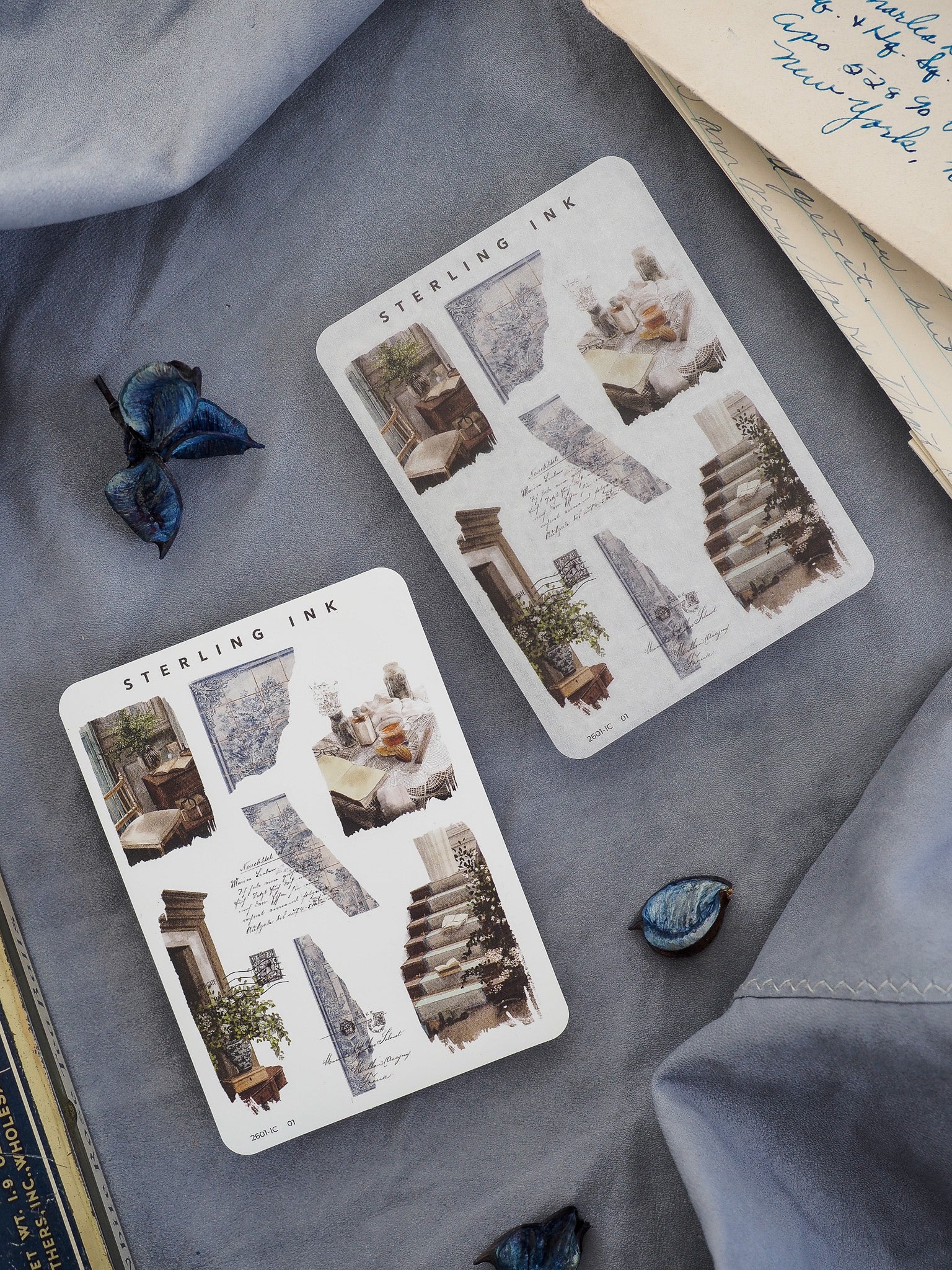 Mini Elements Icon Stickers feature a collection of vintage, illustrative motifs depicting urban life, including detailed architectural elements, stairs, doorways, and growing greenery.