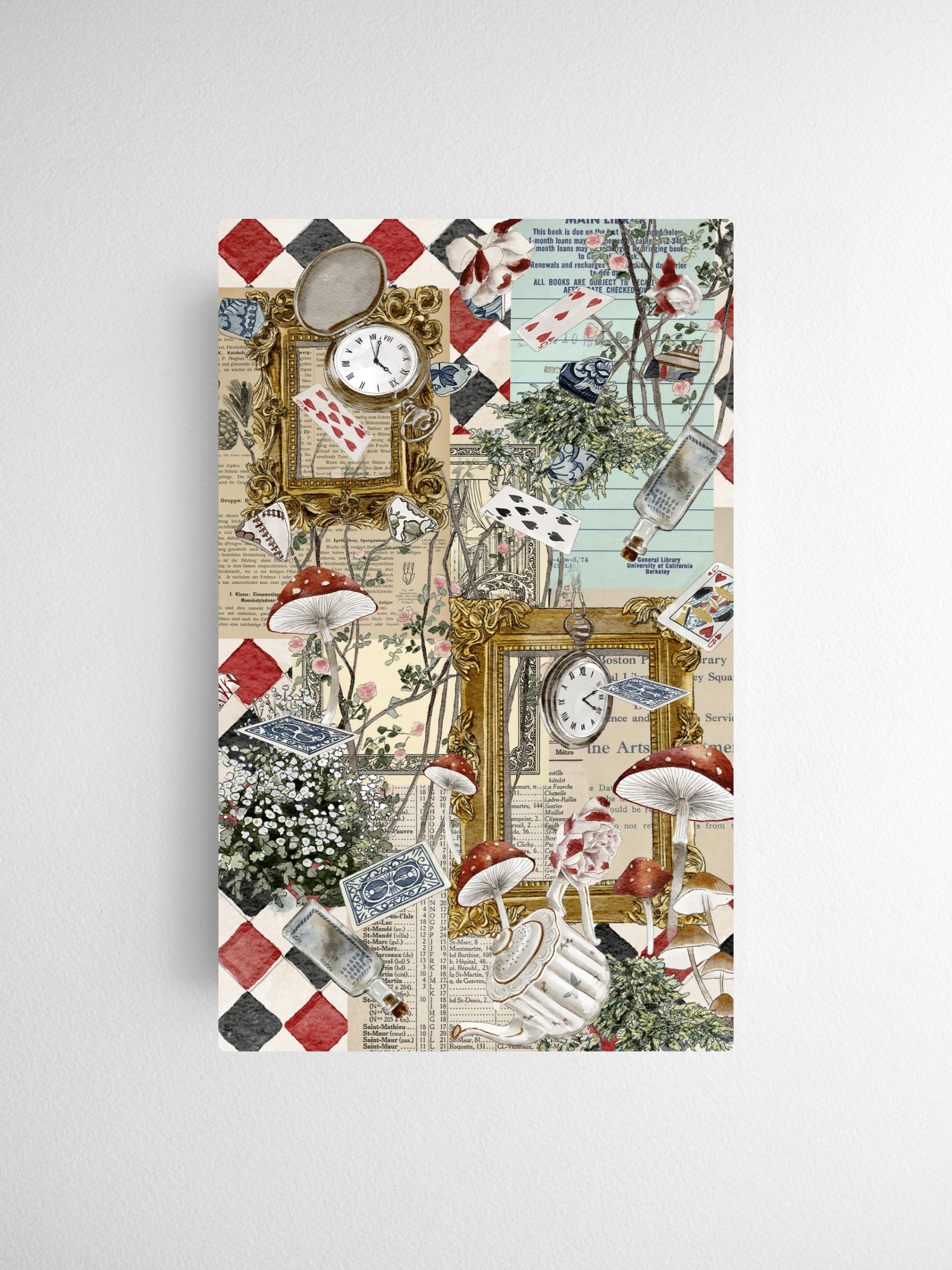 Whimsical vintage scrapbook collage featuring delicate botanical drawings, antique clock elements, and clustered toadstools against an aged, paper-scrap background.