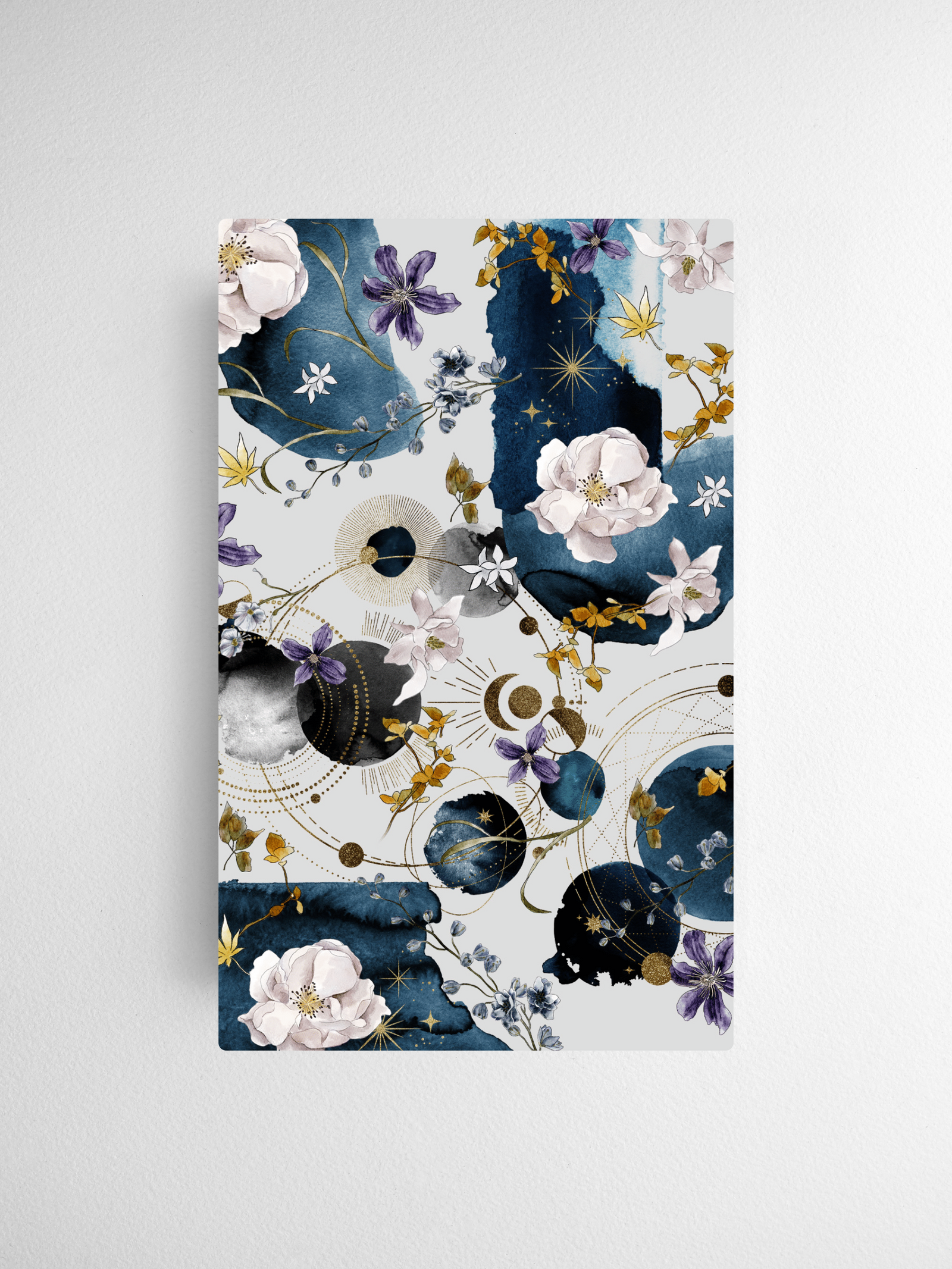 Celestial and floral design featuring soft blush peonies, deep indigo watercolor washes, scattered stars, and delicate gold foil accents.