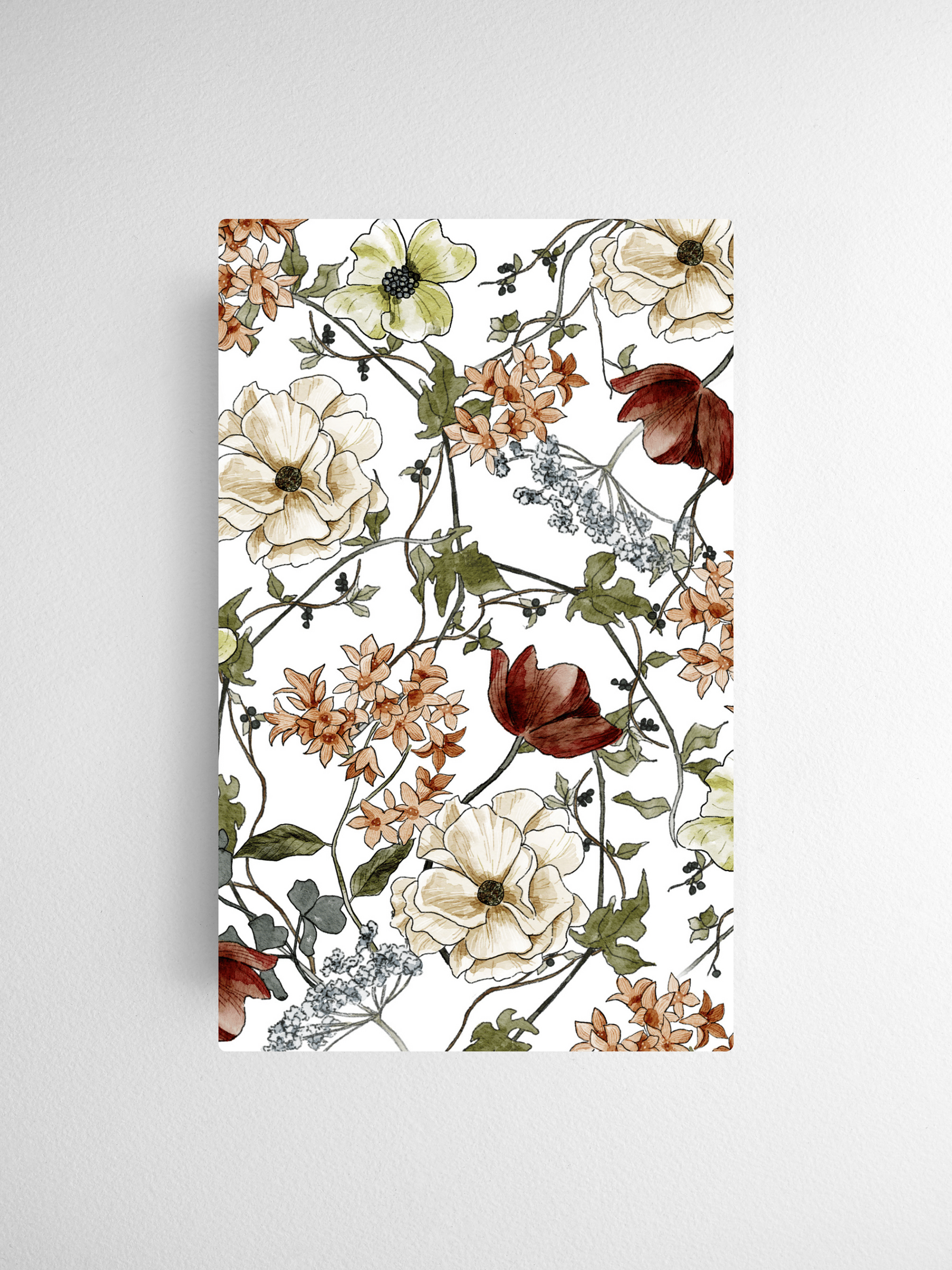 Elegant calendar card featuring a lush, intertwining botanical pattern of cream, white, rust, and muted green watercolor florals.